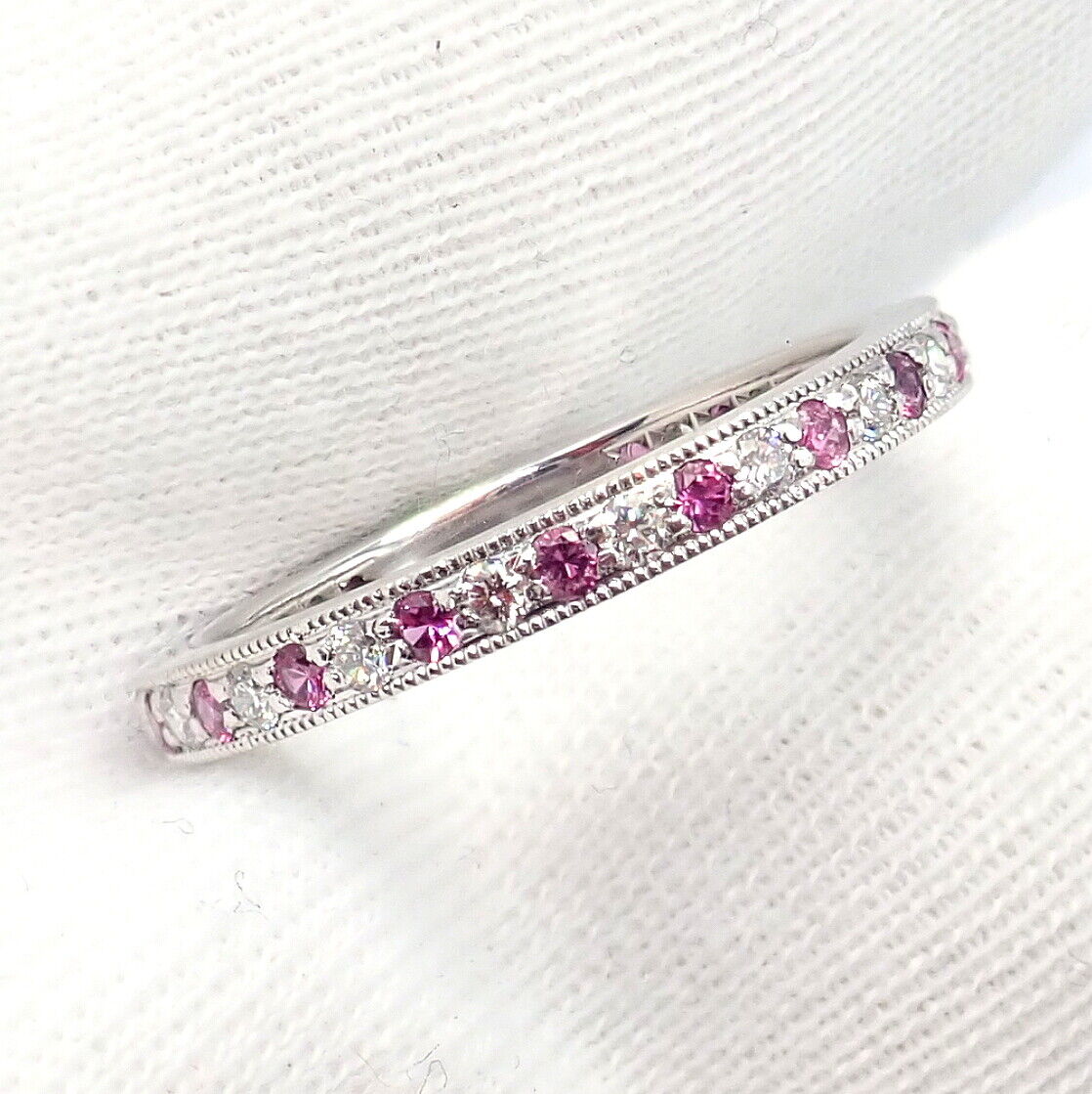 Tiffany & Co Platinum Diamond Pink Sapphire Milgrain 2.5mm Band Ring sz 5.75 | Fortrove