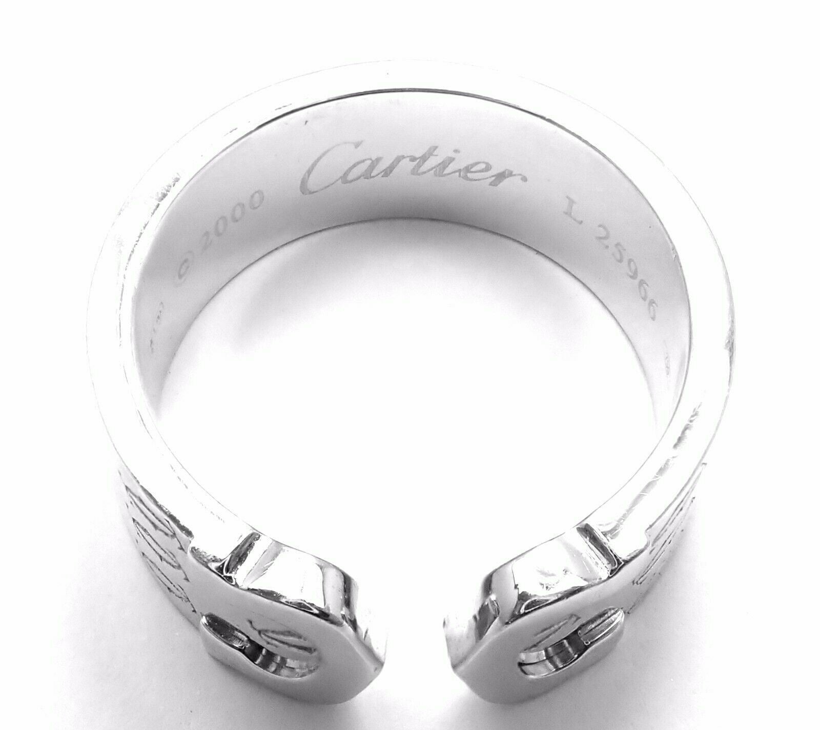 Authentic! Cartier Logo 18k White Gold Double C Motif Monogram Band Ring Sz 6.25 | Fortrove
