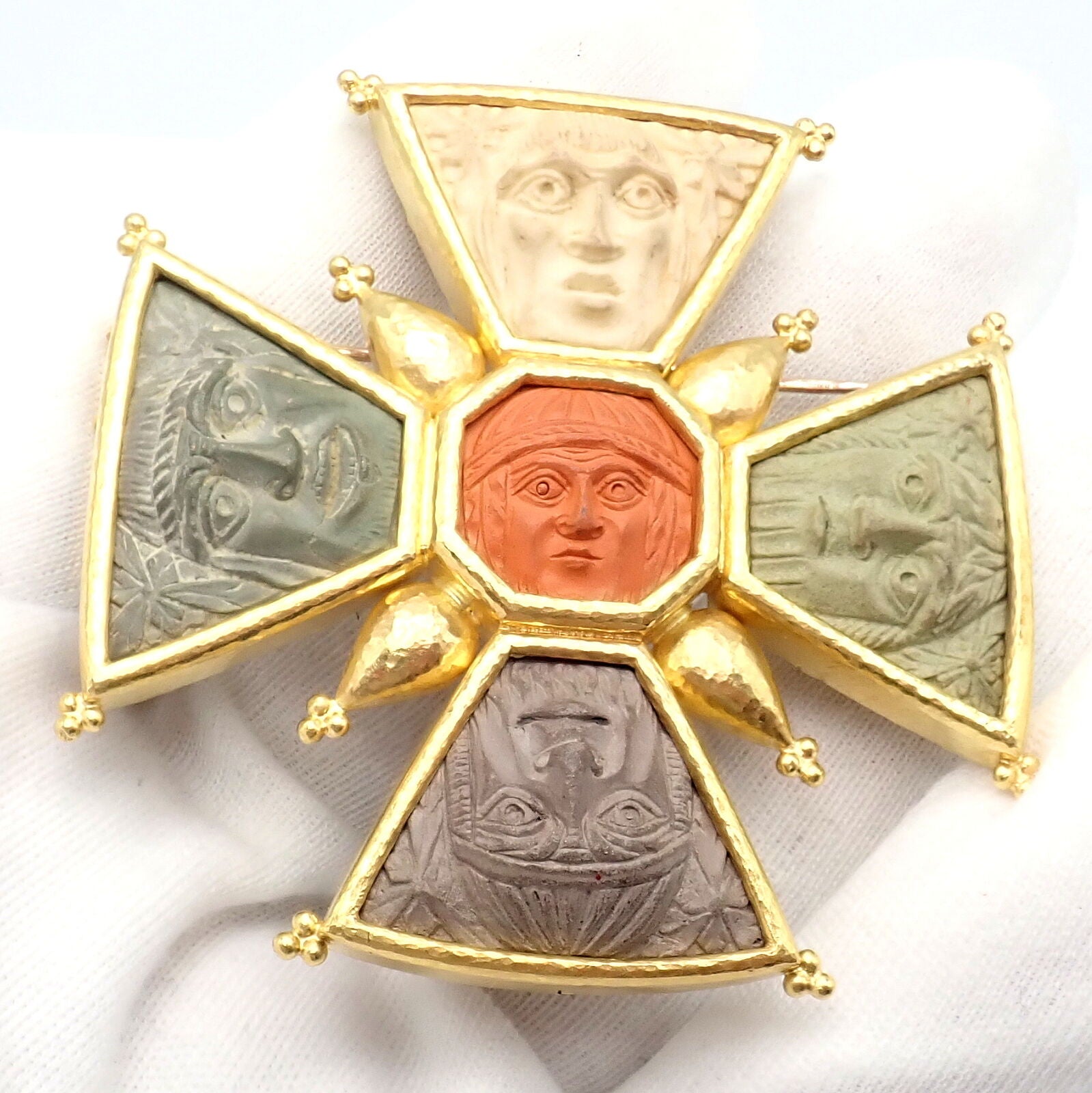Elizabeth Locke 18k Yellow Gold Bomarzo 5 Faces Maltese Cross Brooch Pendant | Fortrove