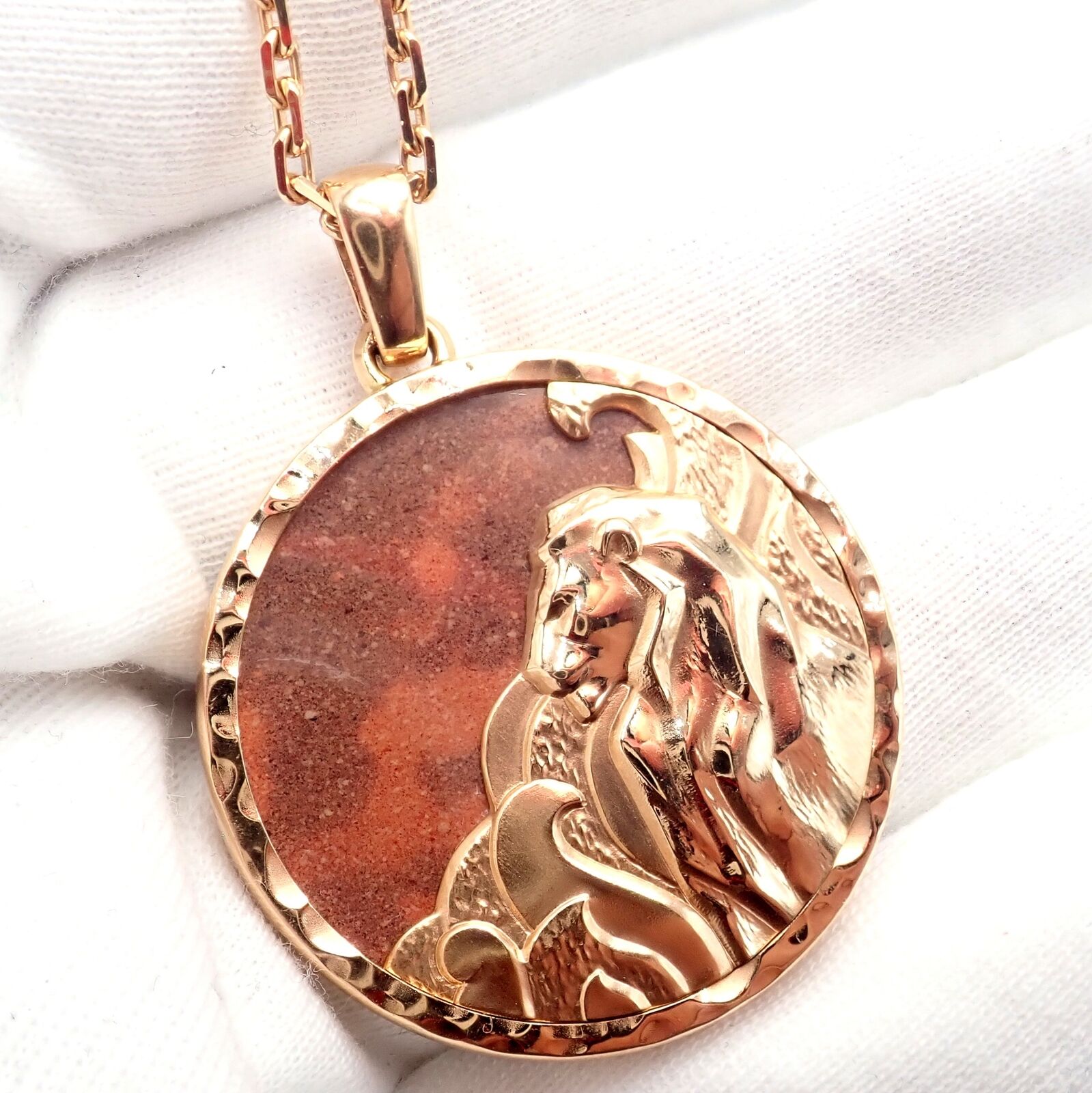 Van Cleef & Arpels Zodiaque 18k Rose Gold Leo Pendant Red Jasper Necklace + Cert | Fortrove