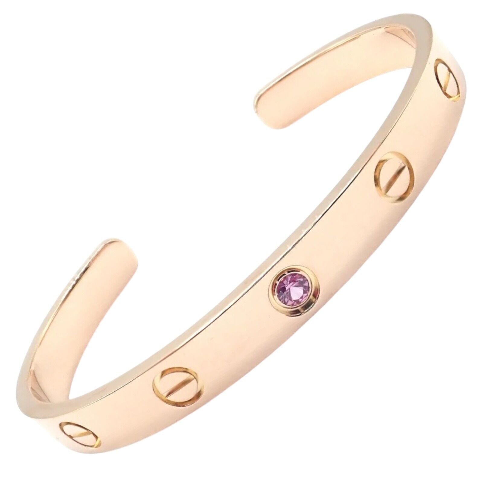Authentic! Cartier 18k Rose Gold Pink Sapphire Love Cuff Open Bracelet Size 16 | Fortrove