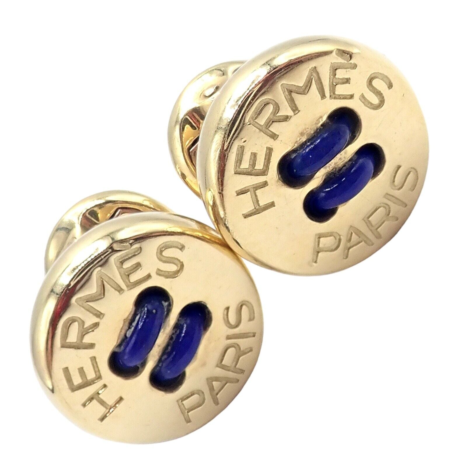 Rare! Vintage Authentic Hermes Paris 18k Yellow Gold Mens Lapis Button Cufflinks | Fortrove