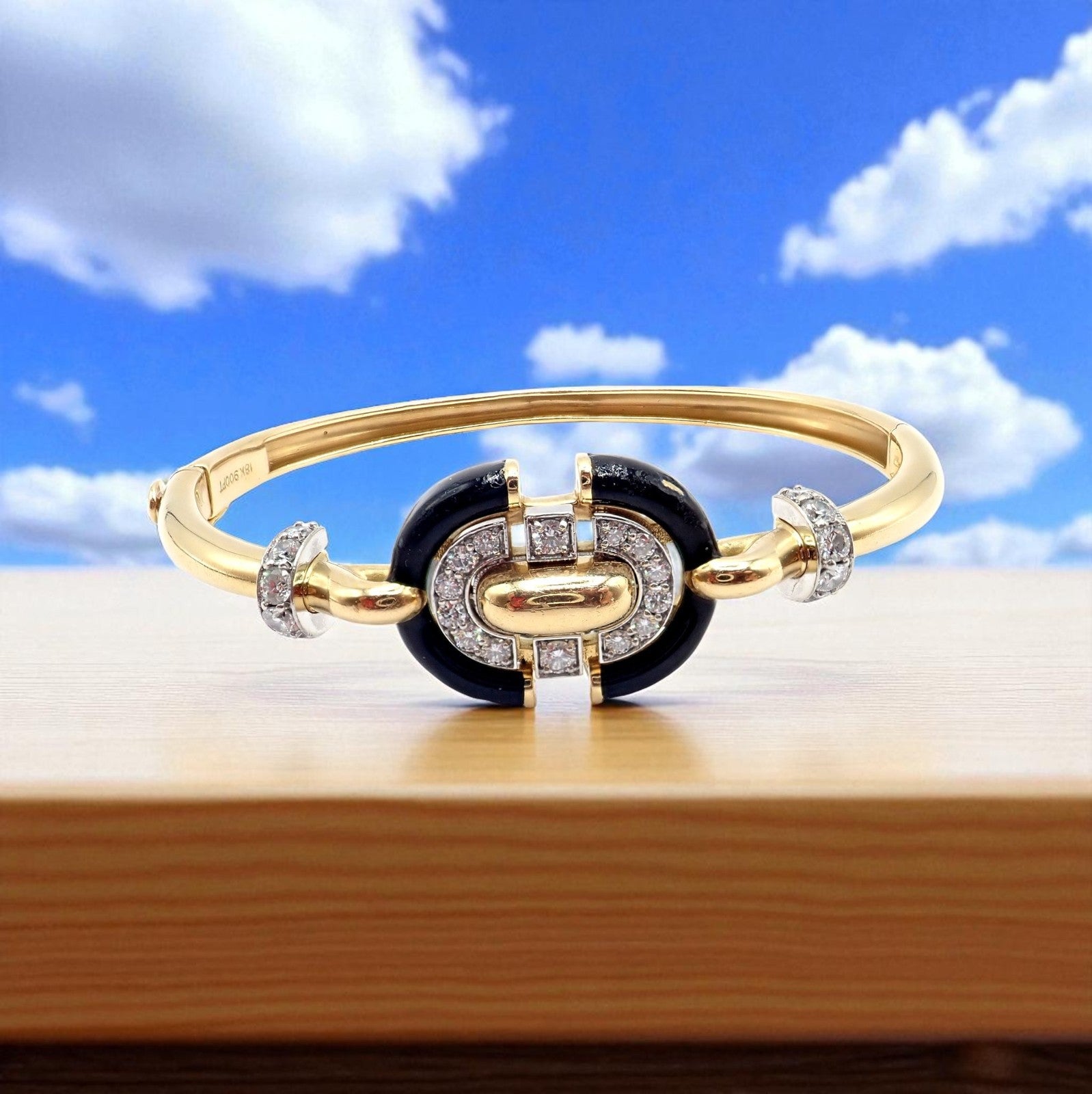 Authentic! Vintage David Webb 18k Gold & Platinum Diamond Enamel Bangle Bracelet | Fortrove