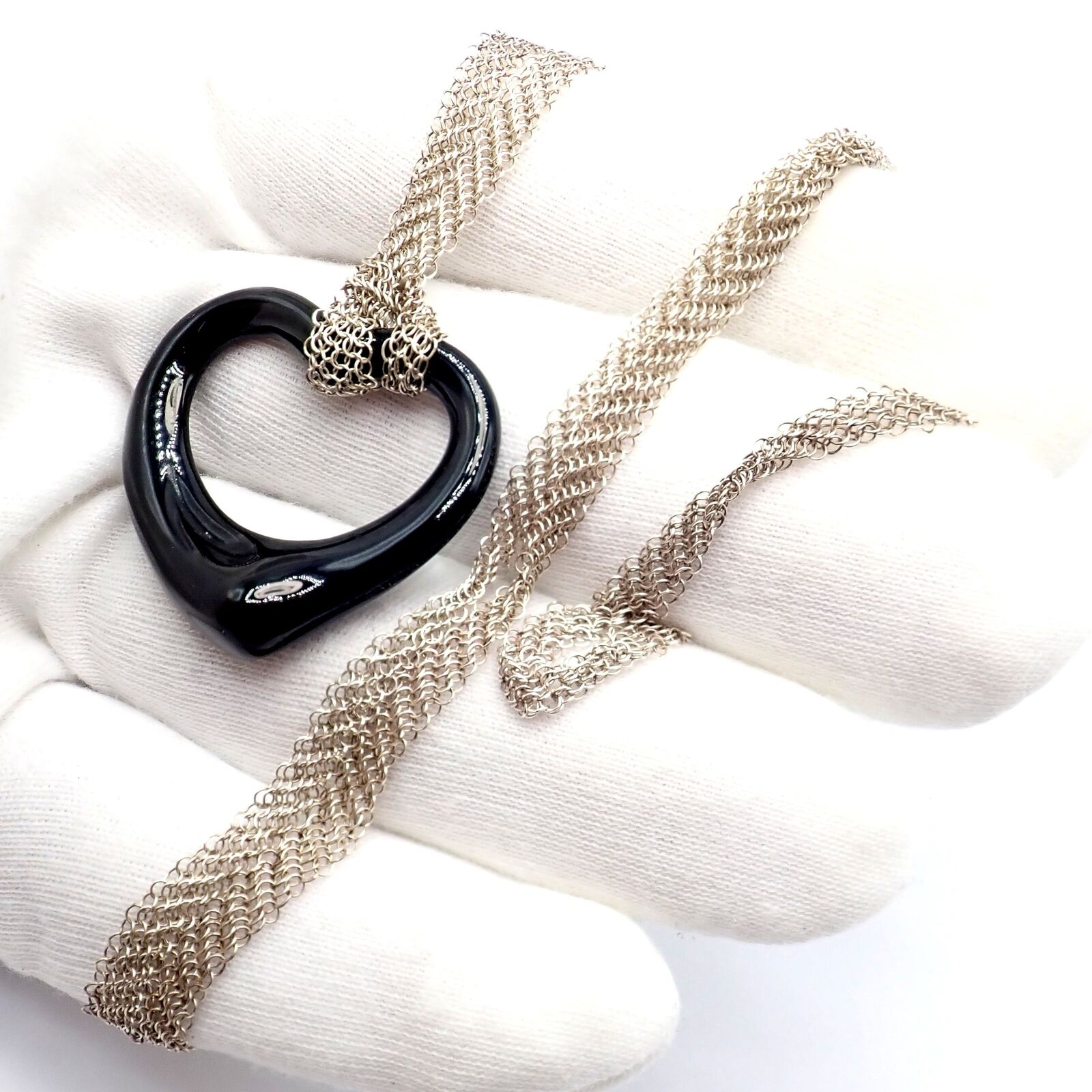 Tiffany & Co Silver Peretti 35mm Large Open Onyx Heart Pendant 28" Mesh Necklace | Fortrove