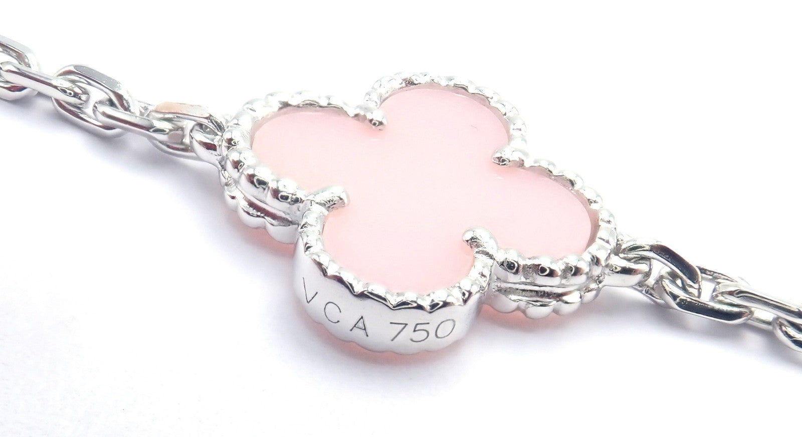 Authentic! Van Cleef & Arpels Alhambra 18k White Gold Pink Stone Bracelet Cer. | Fortrove