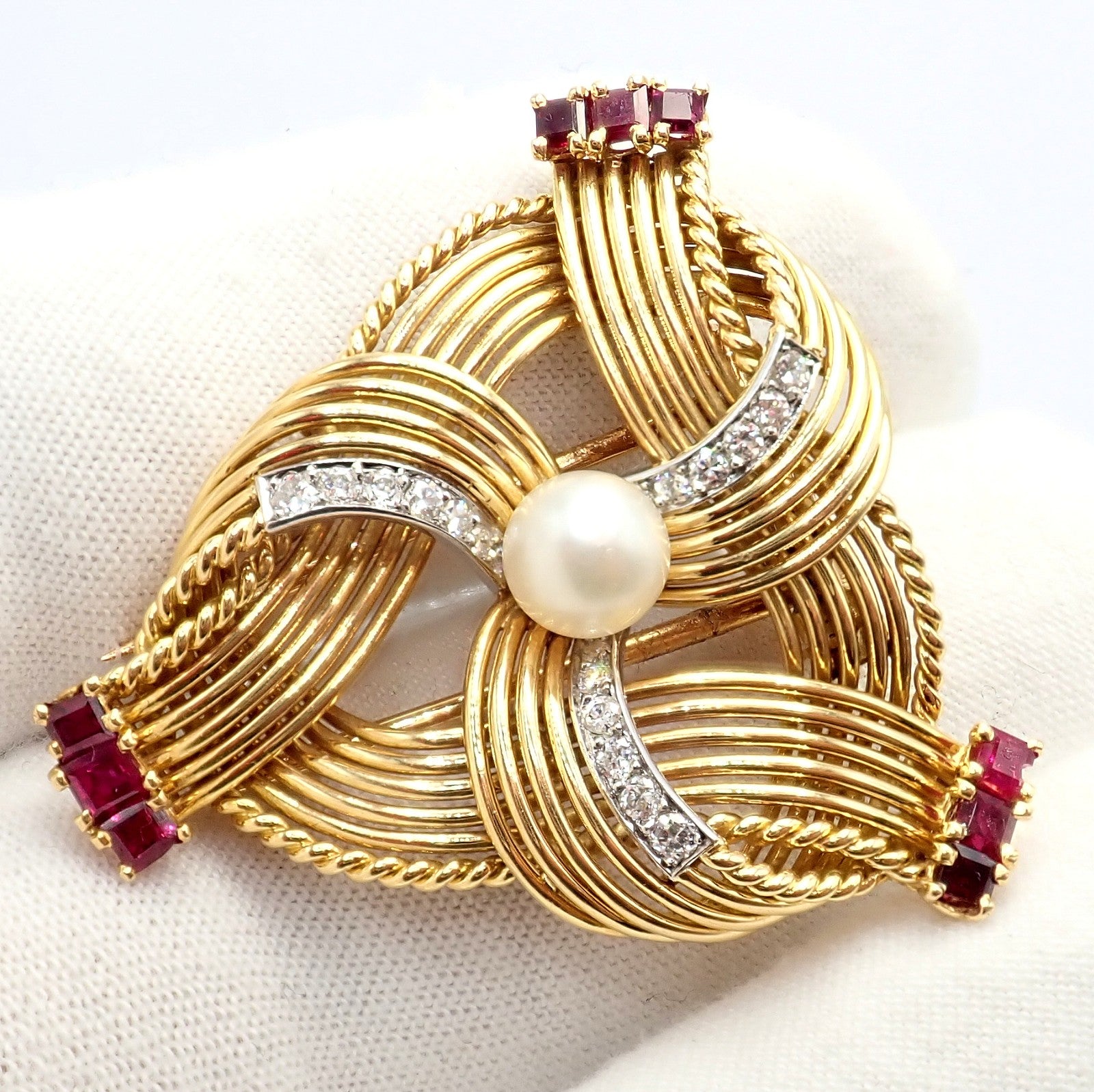 Vintage Cartier 18k Yellow Gold Diamond Ruby Pearl Pin Brooch 1960s | Fortrove