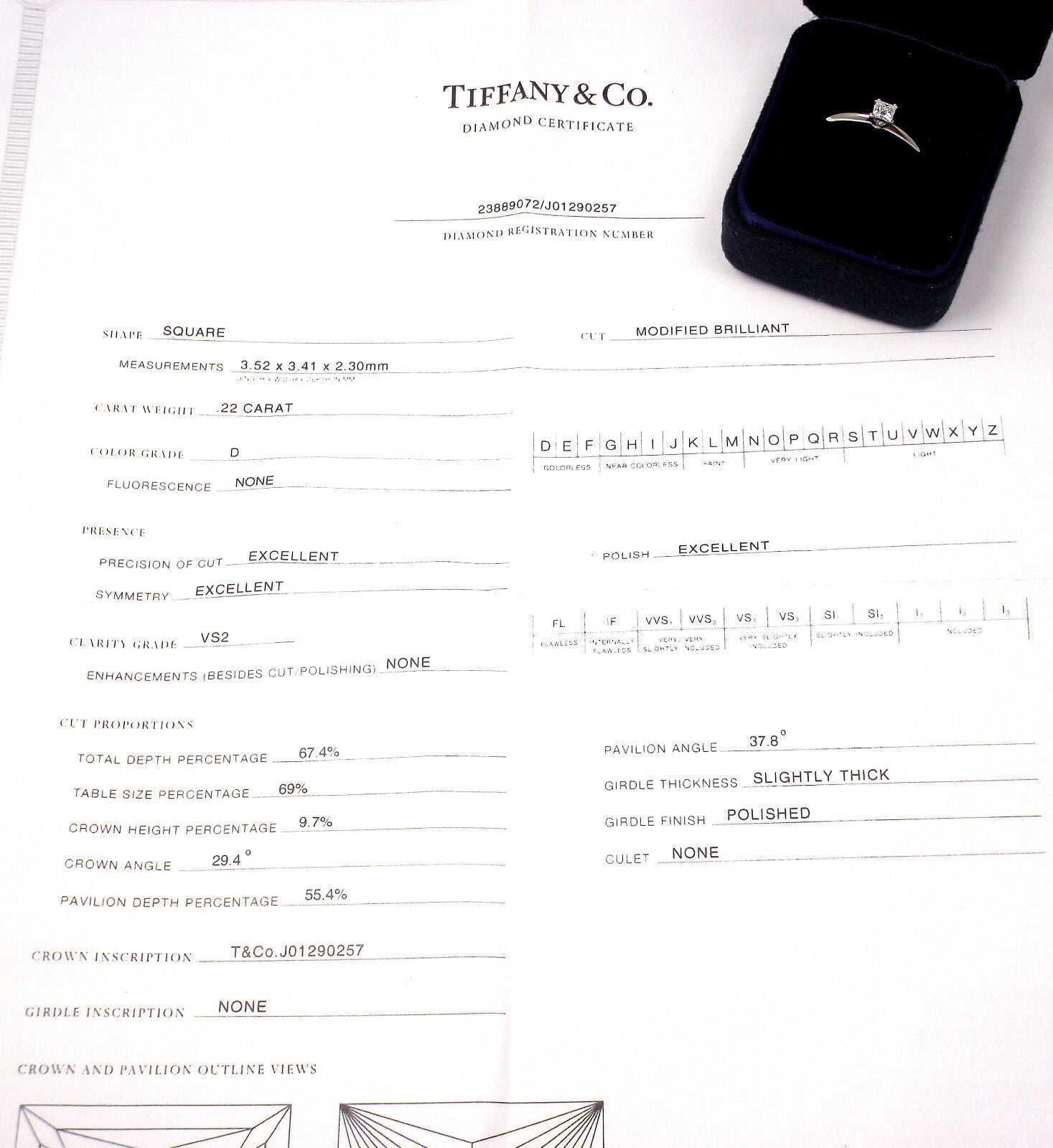 TIFFANY & CO PLATINUM SQUARE CUT DIAMOND 0.22CT VS2 D TRIPLE X ENGAGEMENT RING | Fortrove