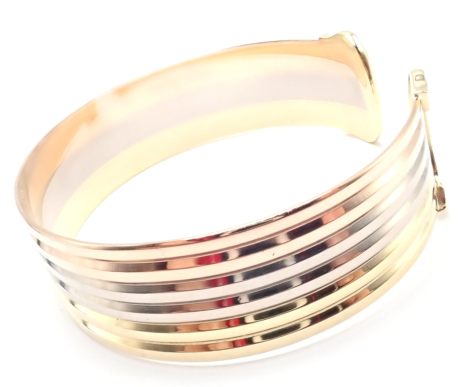 Authentic! Cartier 18k Tri-Color Gold Double C Wide Cuff Bangle Bracelet | Fortrove