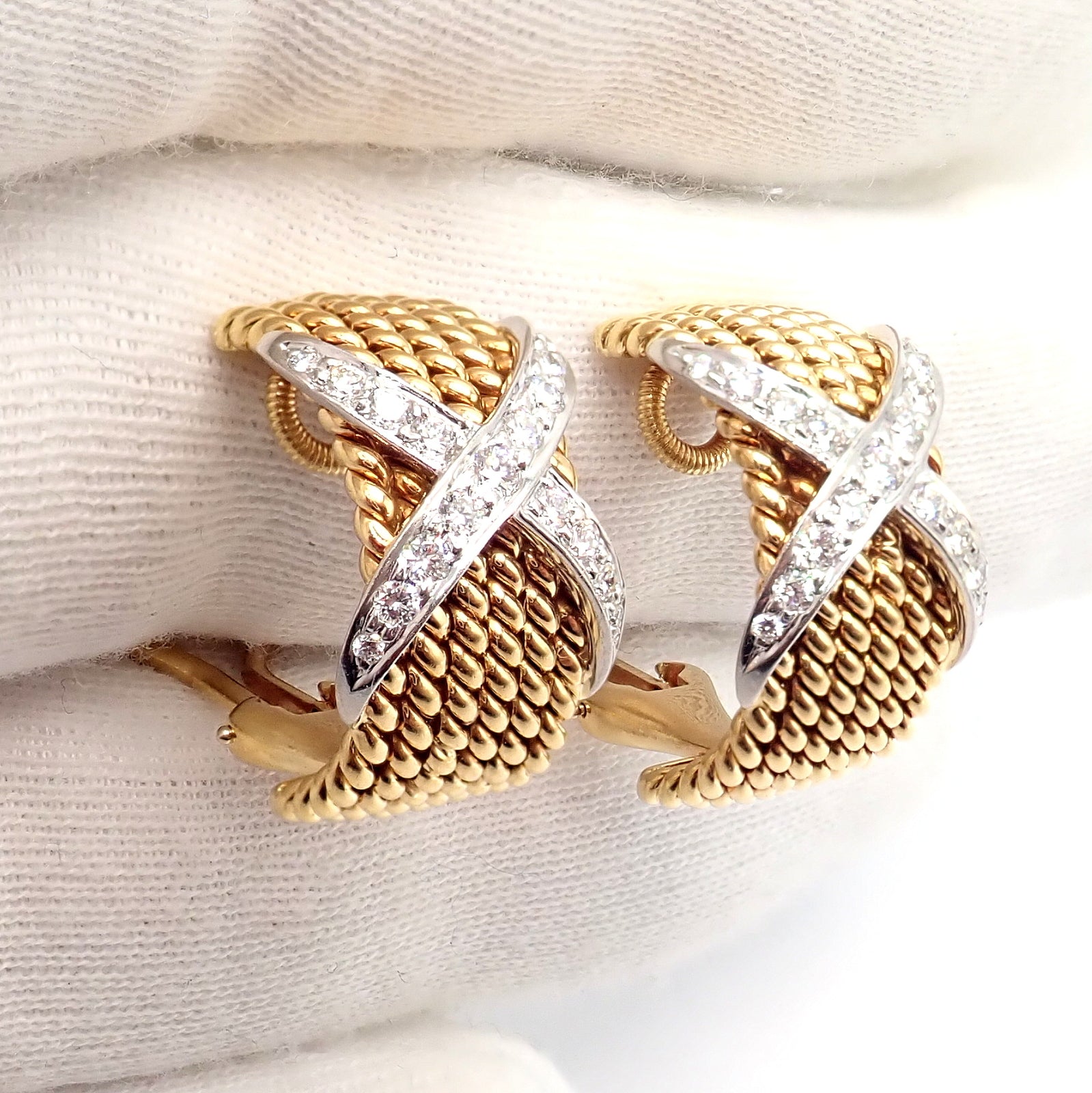 Jean Schlumberger for Tiffany & Co Jewelry & Watches:Fine Jewelry:Earrings Tiffany & Co Schlumberger 18k Yellow Gold Platinum Diamond 6 Row Rope X Earrings