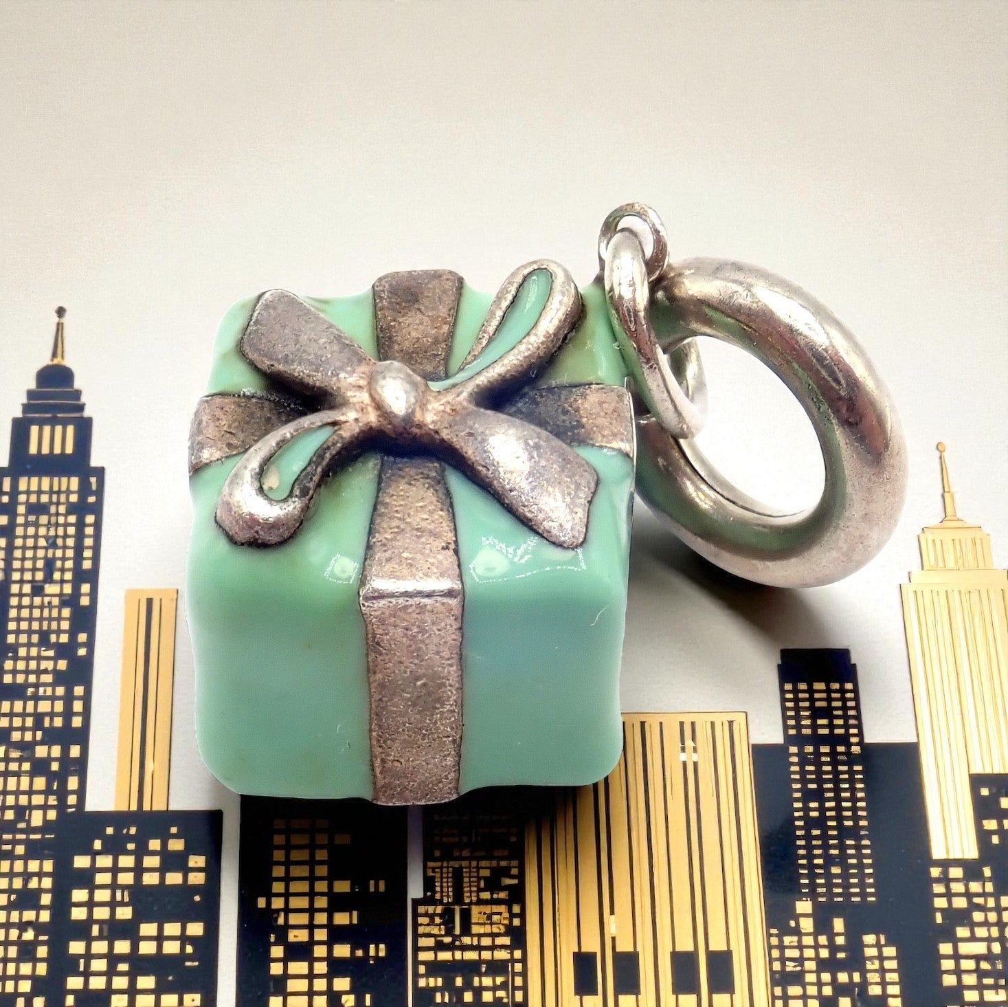 Vintage! Tiffany & Co. Enamel Gift Box Silver Charm Pendant + Spring Ring Clasp | Fortrove
