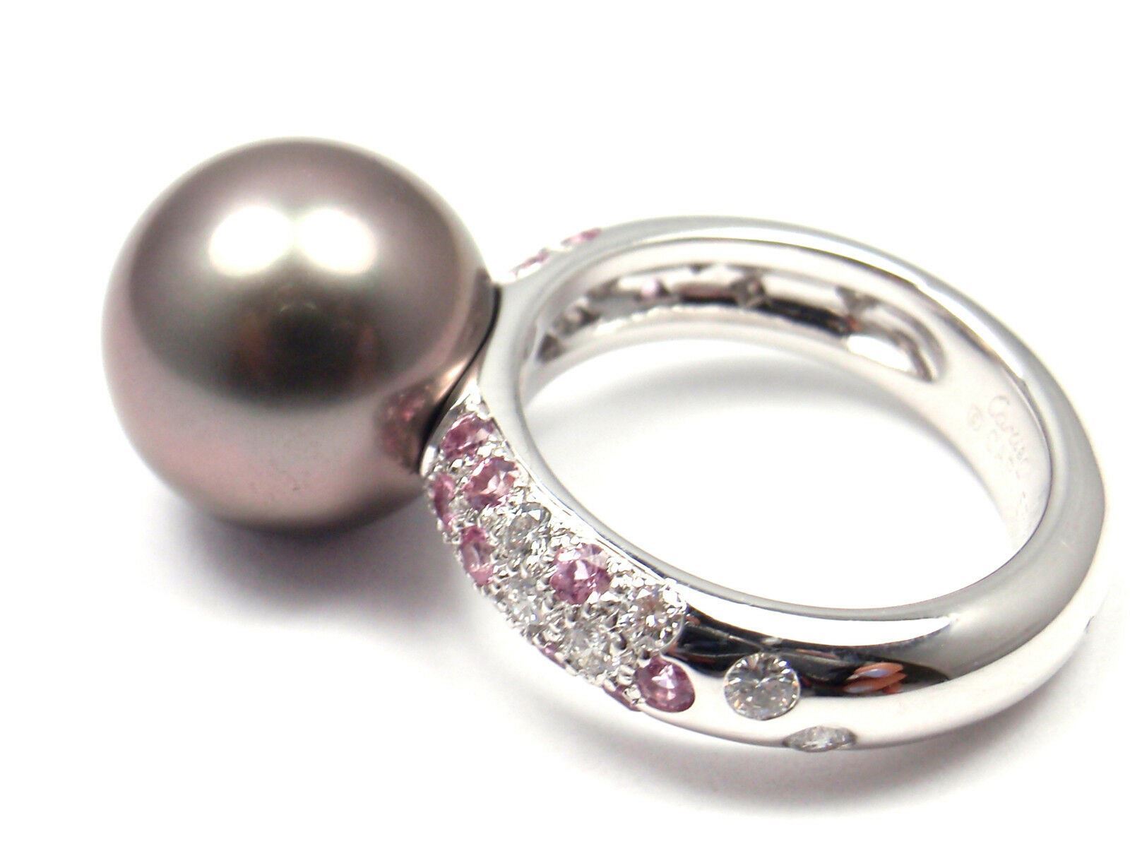 Authentic! Cartier 18k White Gold Tahitian Pearl Diamond Pink Sapphire Ring | Fortrove