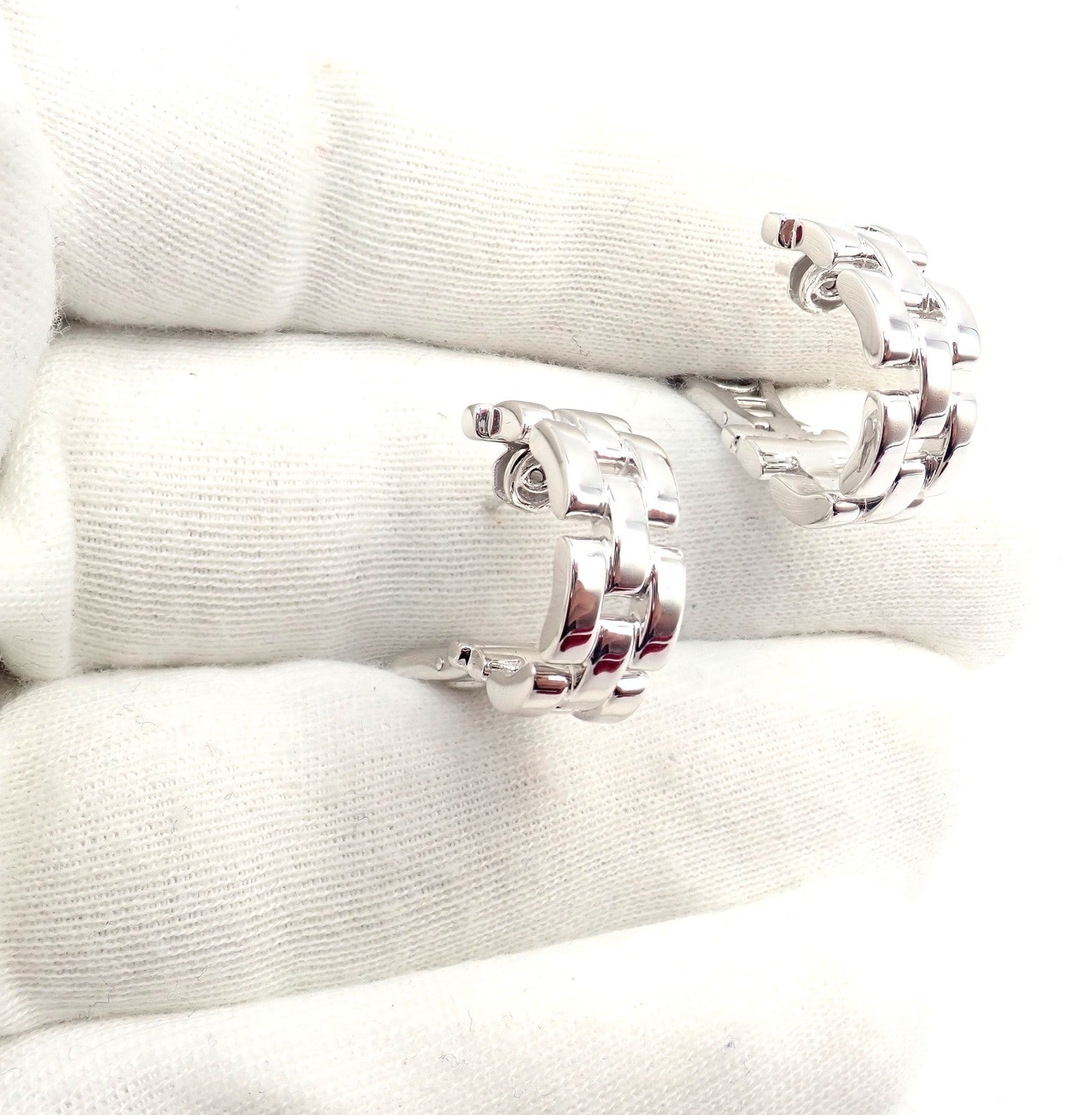 Authentic! Cartier Maillon Panthere 18K White Gold Three Row Link Hoop Earrings | Fortrove