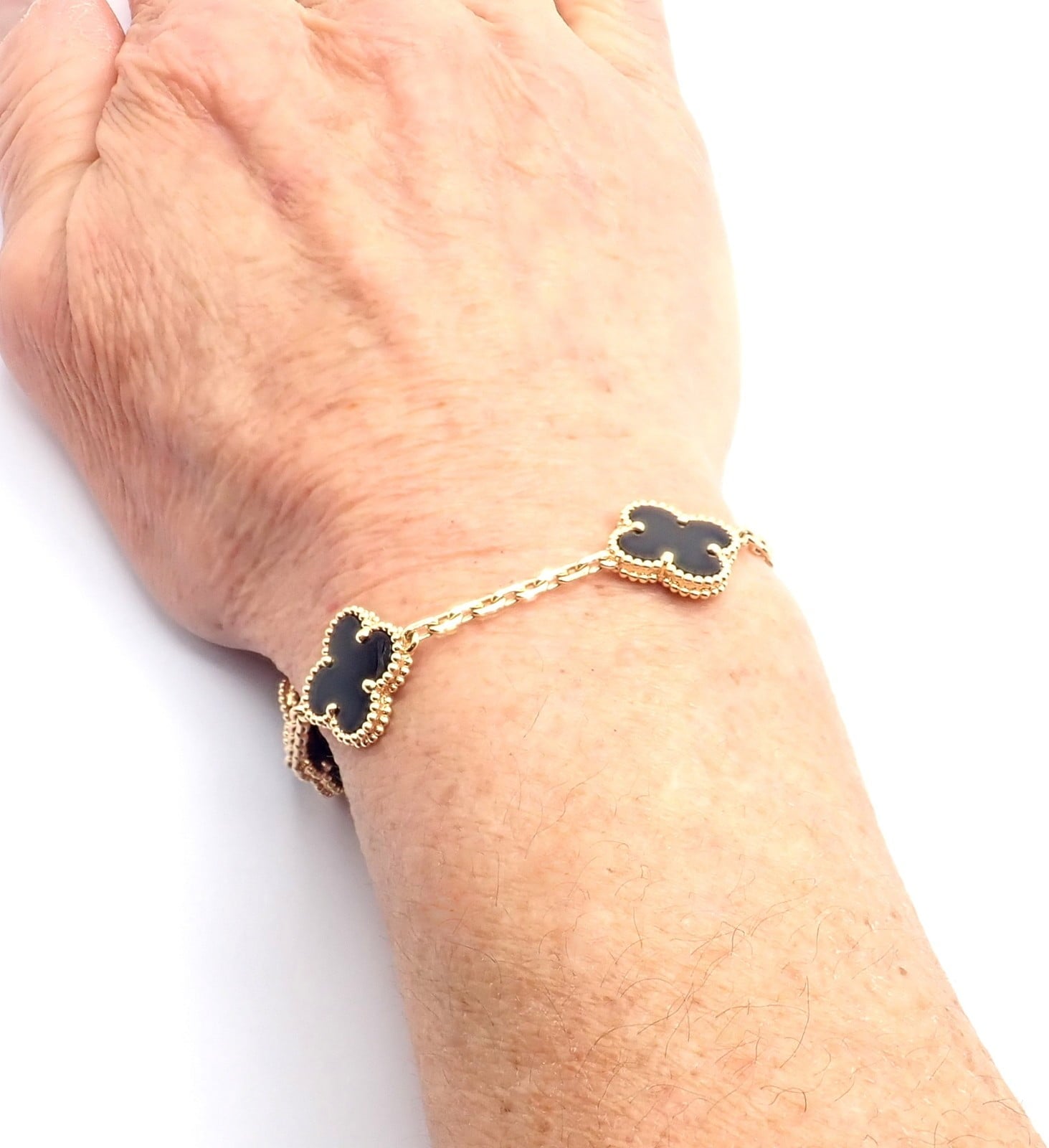 Authentic! Van Cleef & Arpels 18k Yellow Gold 5 Motif Onyx Alhambra Bracelet | Fortrove