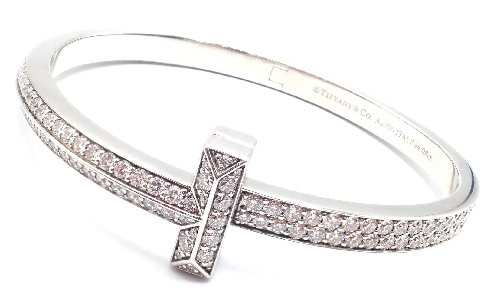 Authentic! Tiffany & Co 18k White Gold Diamond T1 Wide Hinged Bangle Bracelet | Fortrove