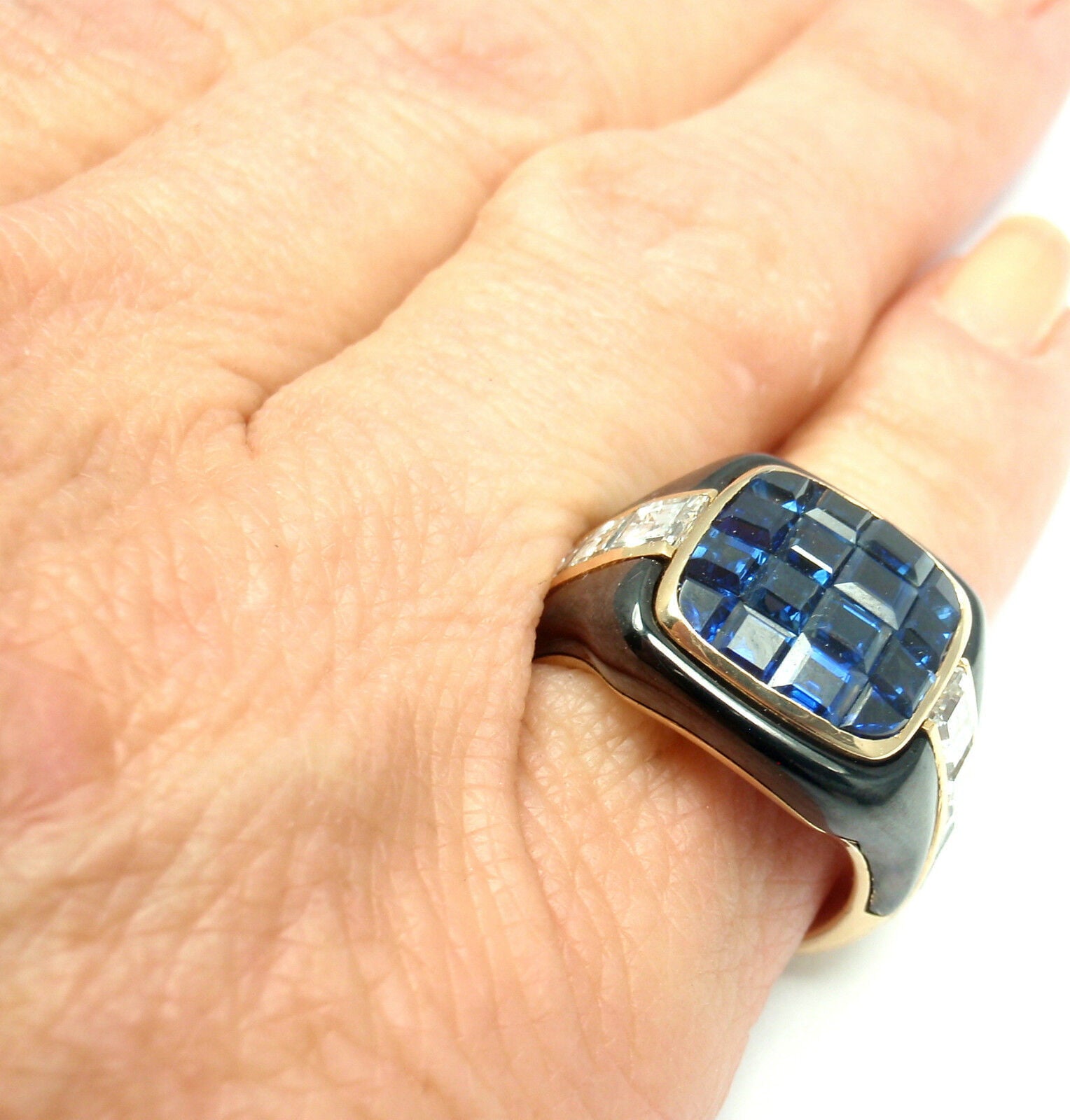 Piaget Jewelry & Watches:Fine Jewelry:Rings Authentic! Piaget 18k Yellow Gold Diamond Invisible Set Sapphire Enamel Ring