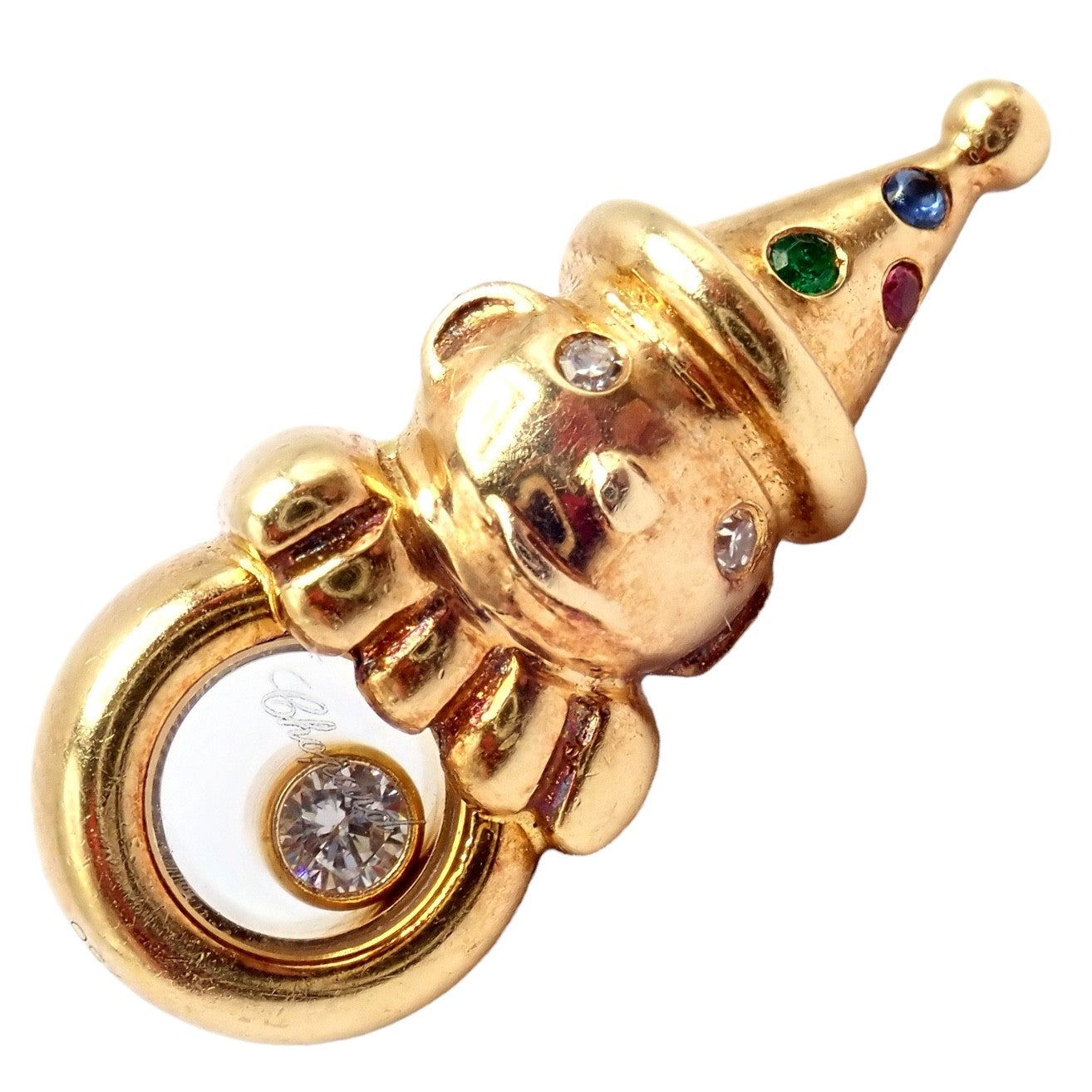 Authentic! Chopard 18k Yellow Gold Clown Happy Diamond Ruby Sapphire Pin Brooch | Fortrove