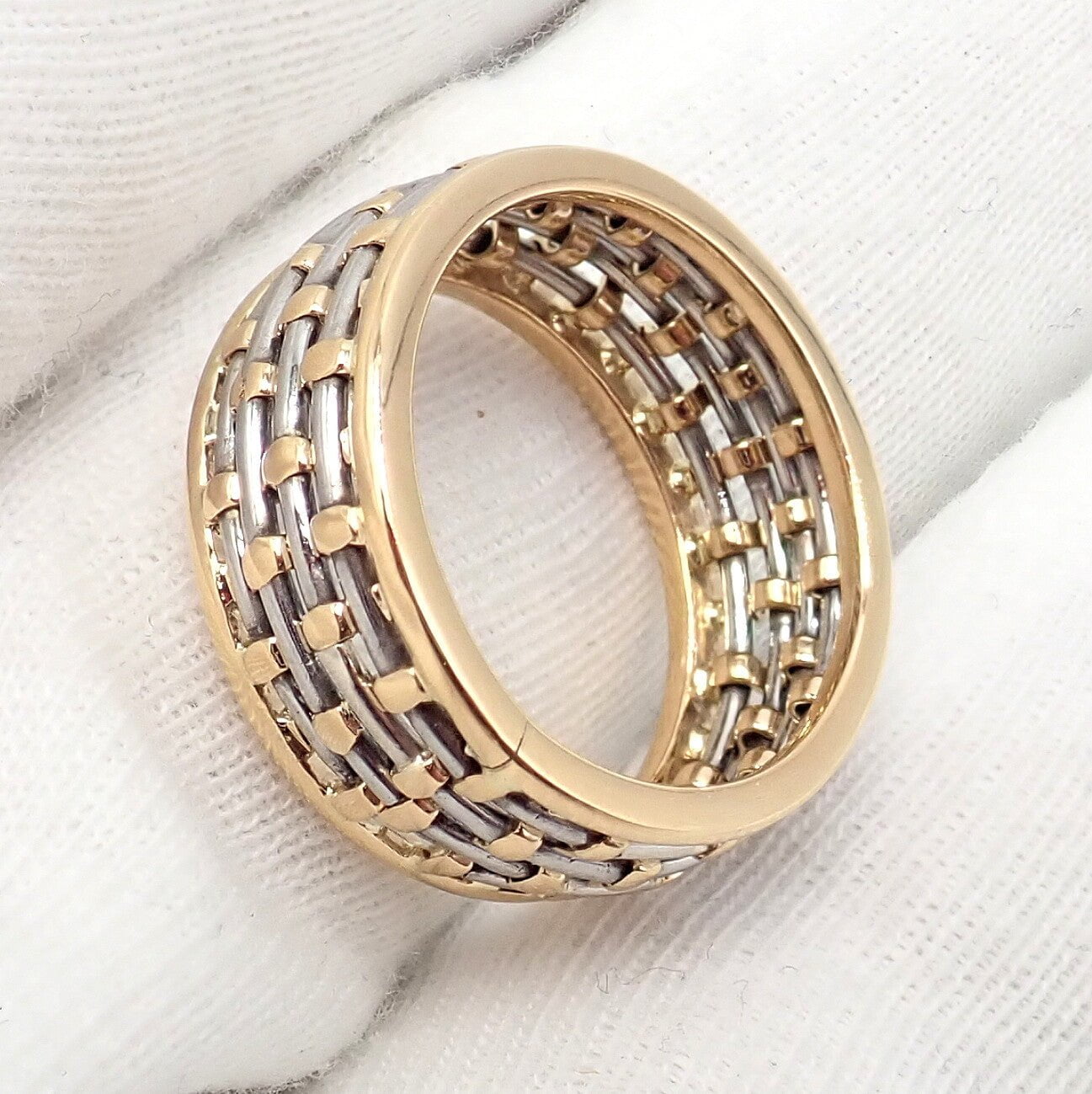 Authentic! Cartier 18k Yellow Gold + SS Basket Weave Ring + Earrings Set | Fortrove