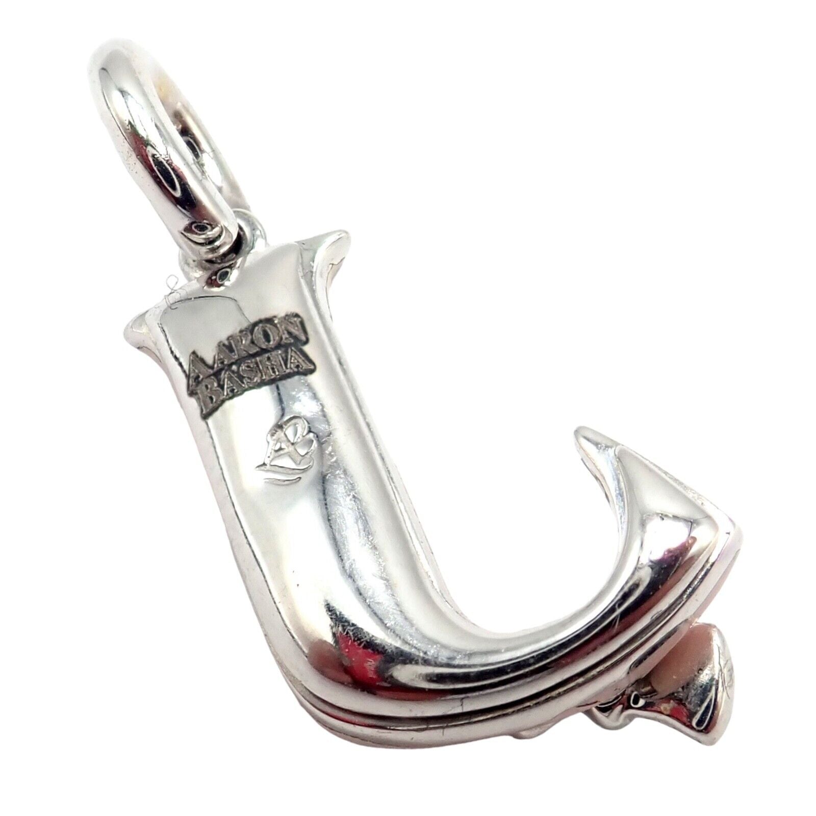 Aaron Basha 18k White Gold Diamond Pink Enamel Baby J Initial Charm Pendant | Fortrove