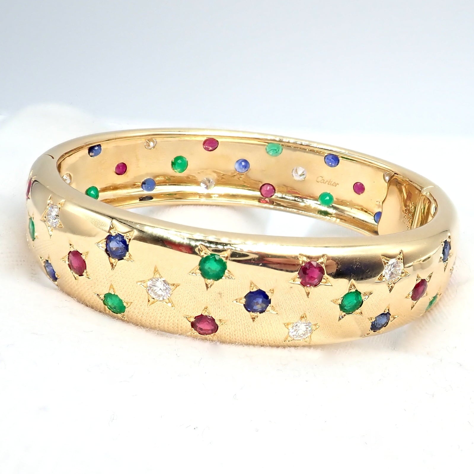 Cartier Jewelry & Watches:Fine Jewelry:Bracelets & Charms Cartier Star 18k Yellow Gold Diamond Ruby Emerald Sapphire Bangle Bracelet Cert.