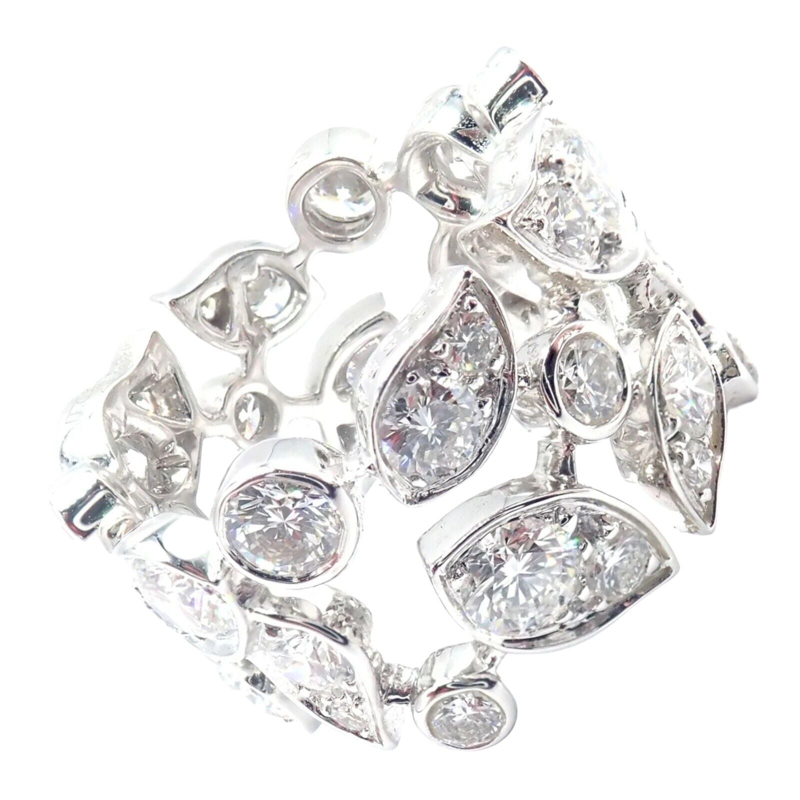 Authentic! Cartier 18k White Gold Diamond Leaf Wide Band Ring Size 53 | Fortrove