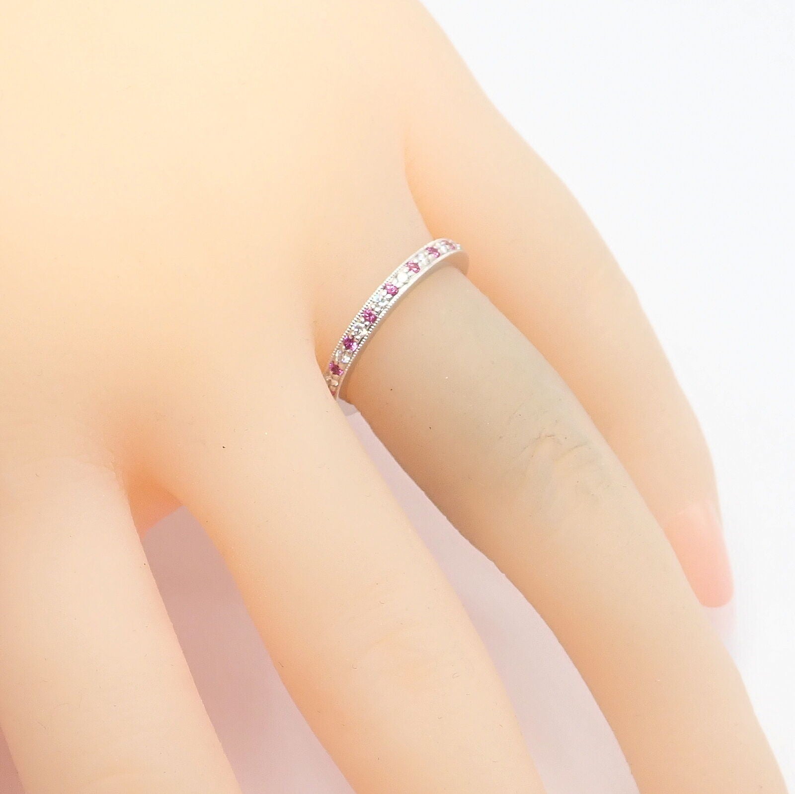 Tiffany & Co Platinum Diamond Pink Sapphire Milgrain 2.5mm Band Ring sz 5.75 | Fortrove