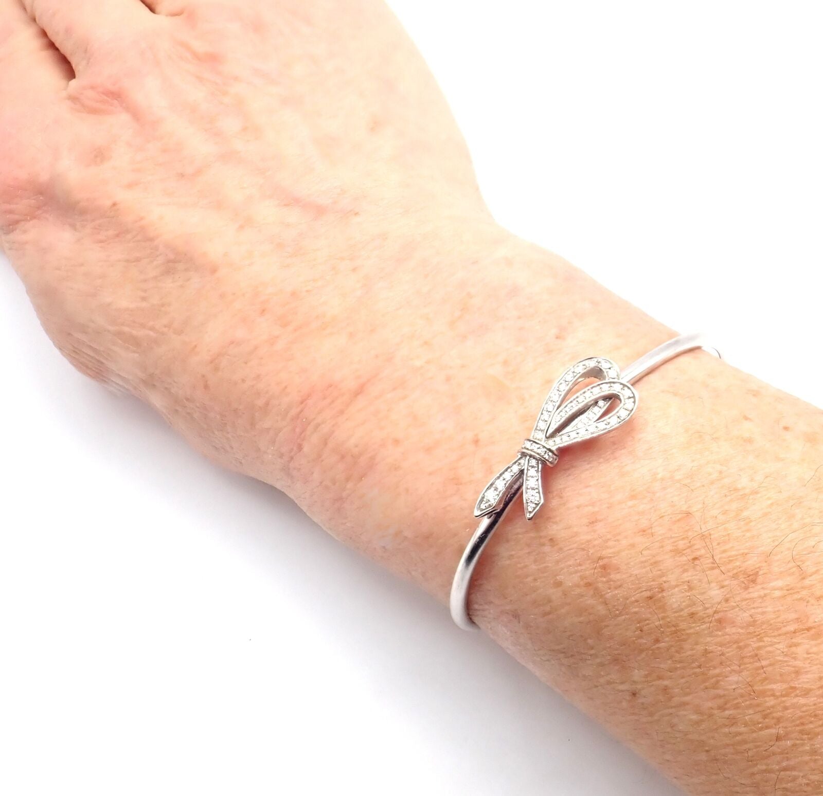 Authentic! Tiffany & Co 18k White Gold Diamond Bow Ribbon Bangle Cuff Bracelet | Fortrove