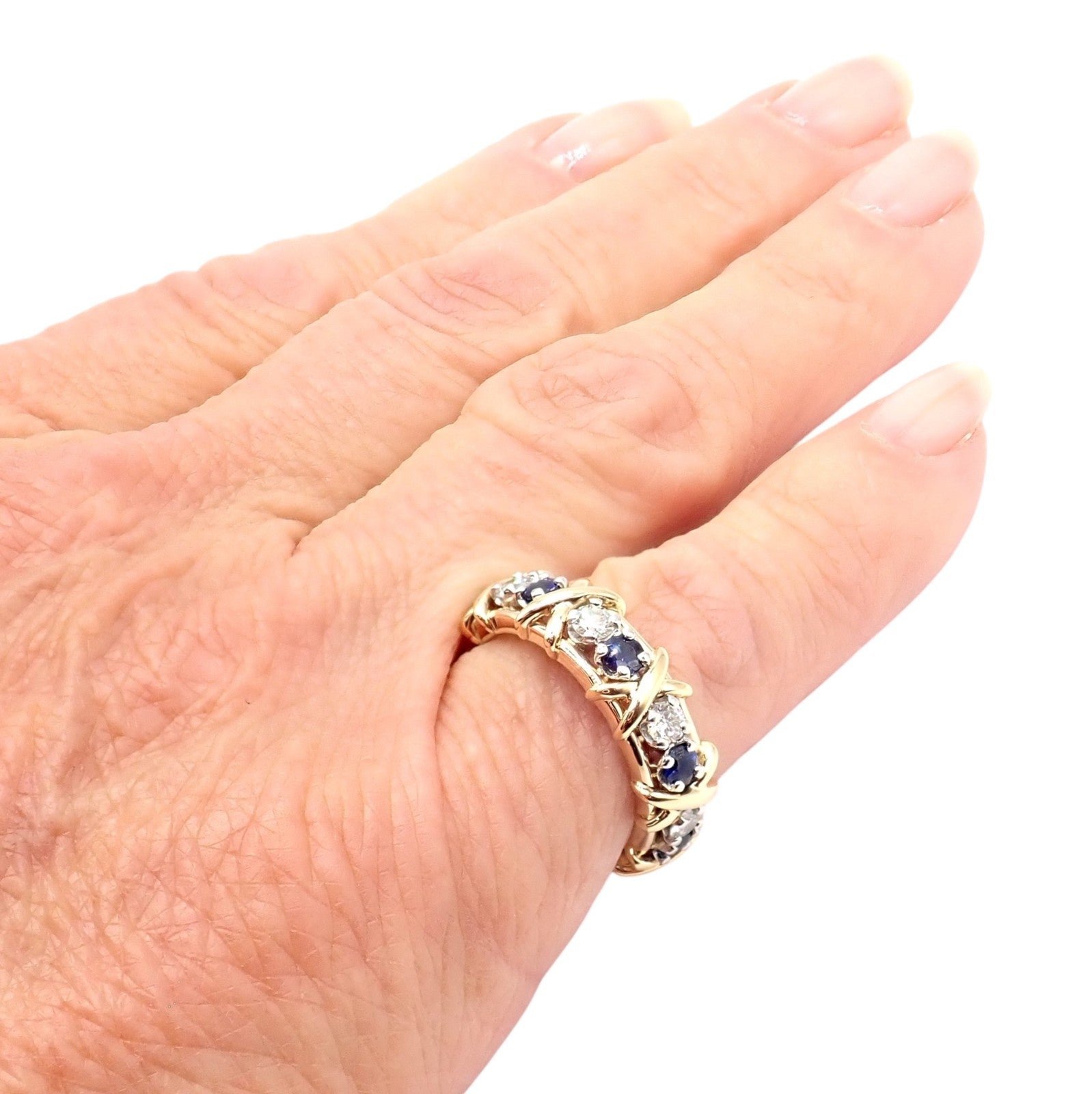Tiffany & Co Schlumberger 18k Gold Platinum 16 Stone Diamond Sapphire Band Ring | Fortrove