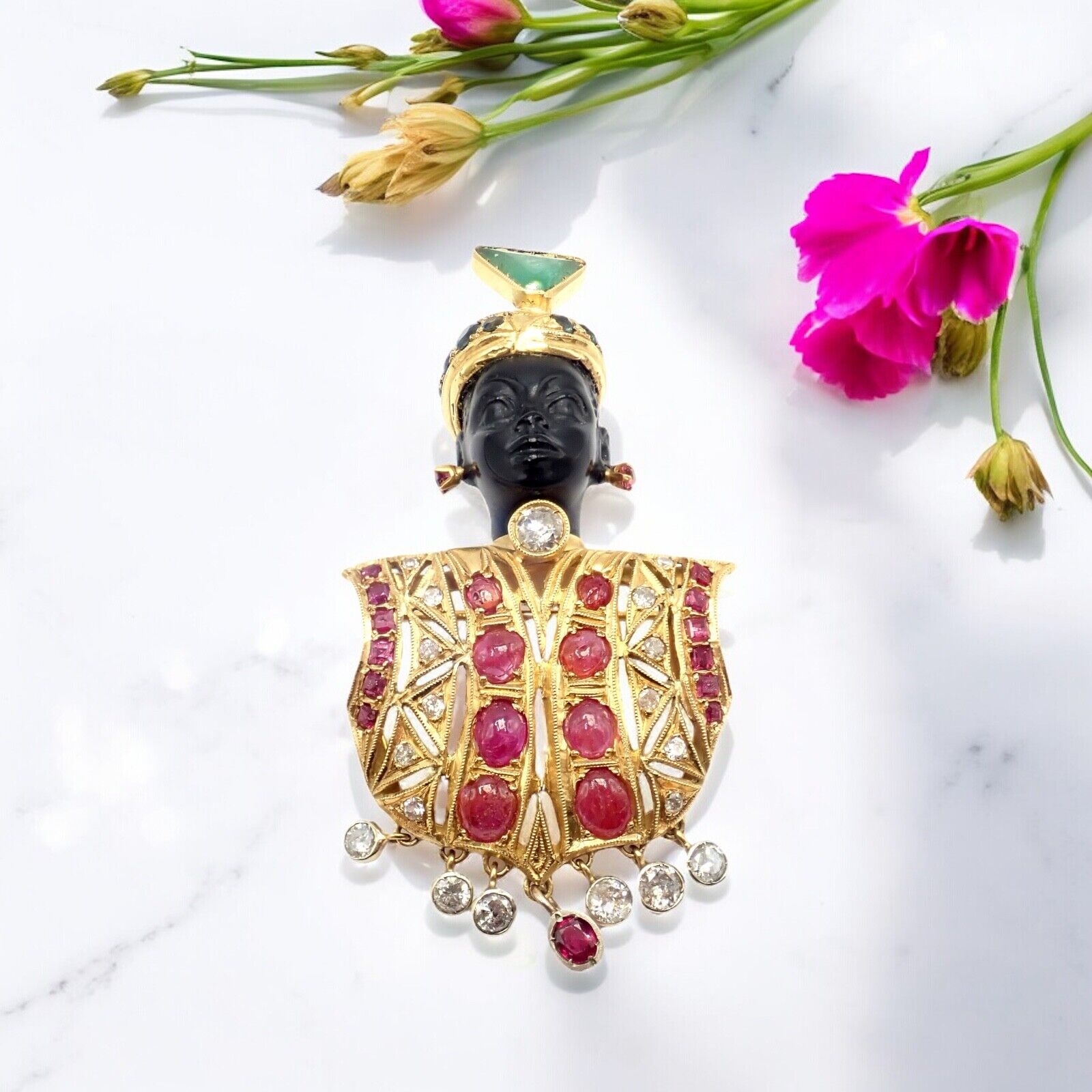 Rare! Ethel Merman Estate 18k Yellow Gold Large Blackamoor Diamond Ruby Brooch | Fortrove