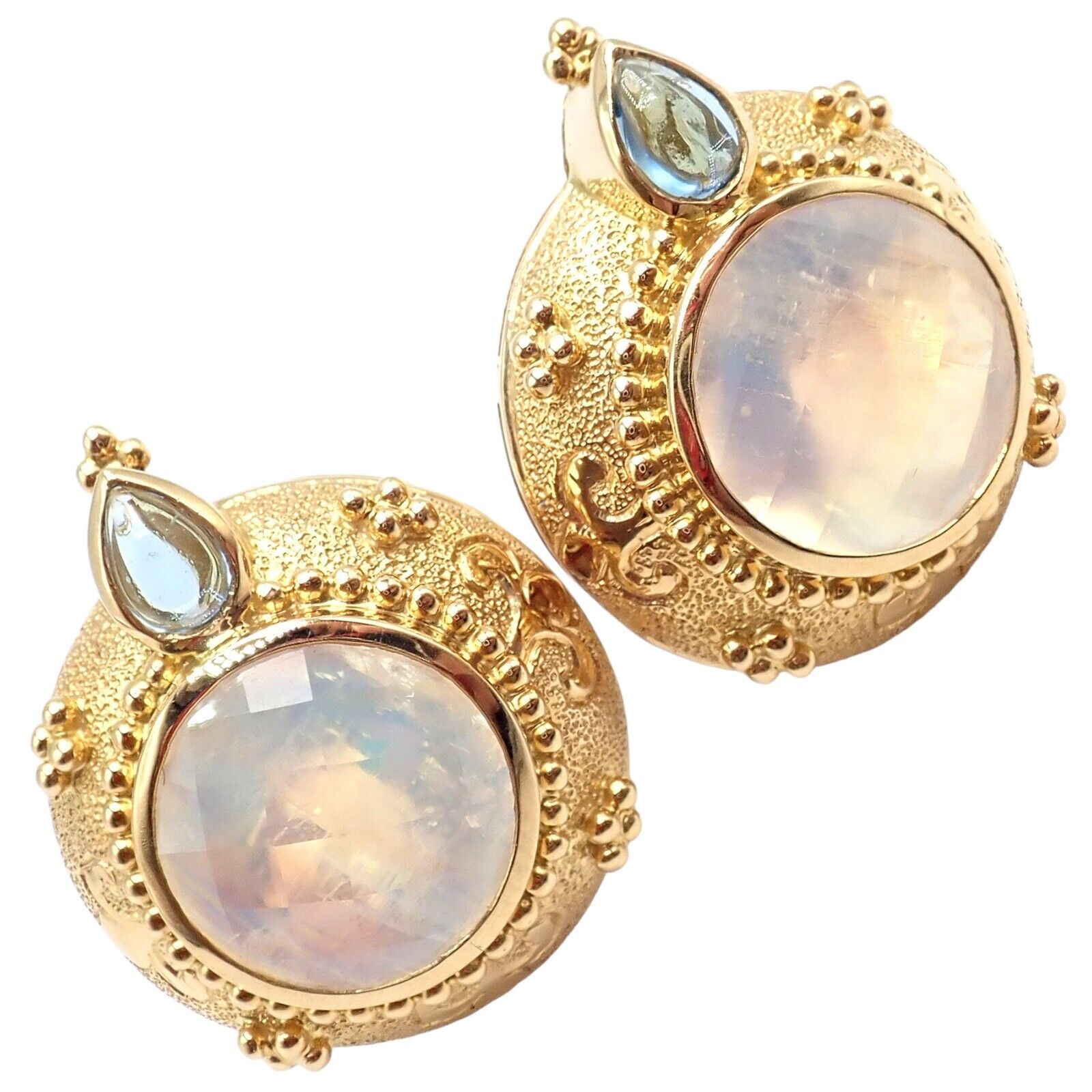 Rare! Vintage Paula Crevoshay 18k Gold Aquamarine Moonstone Round Earrings OOAK | Fortrove