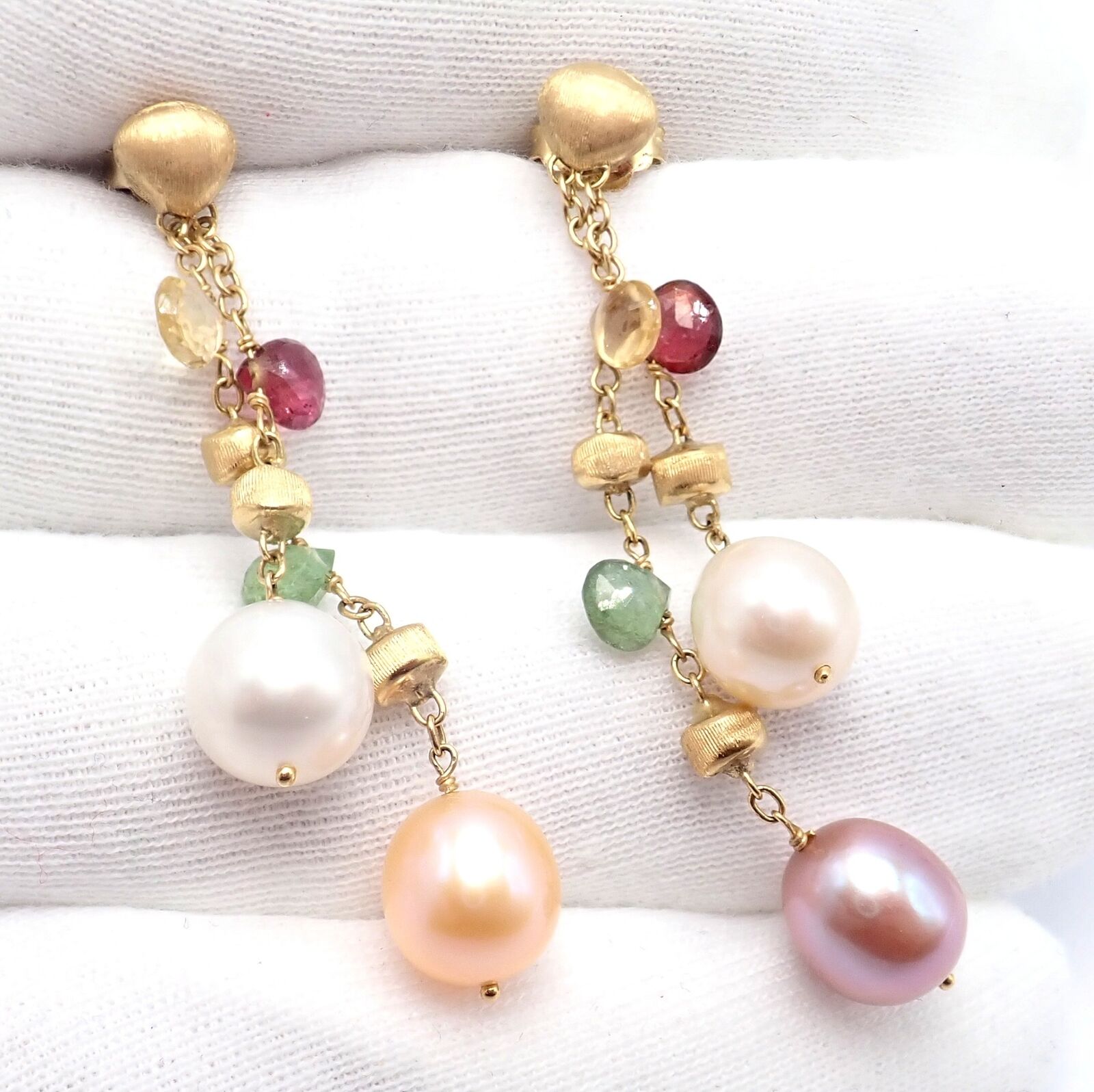 Authentic! Marco Bicego 18k Yellow Gold Paradise Multicolor Gems Pearl Earrings | Fortrove