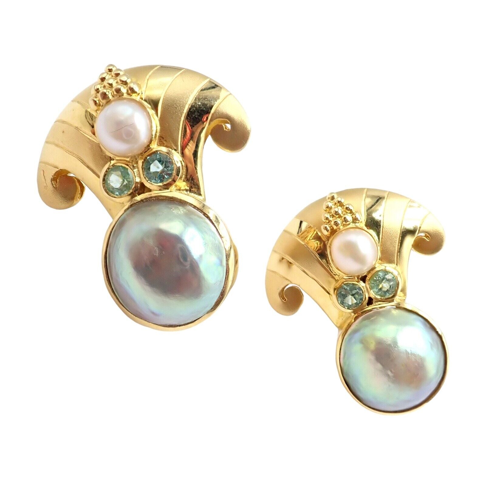 Rare! Vintage Paula Crevoshay 18k Gold Abalone Pearl Blue Gemstone Earrings OOAK | Fortrove