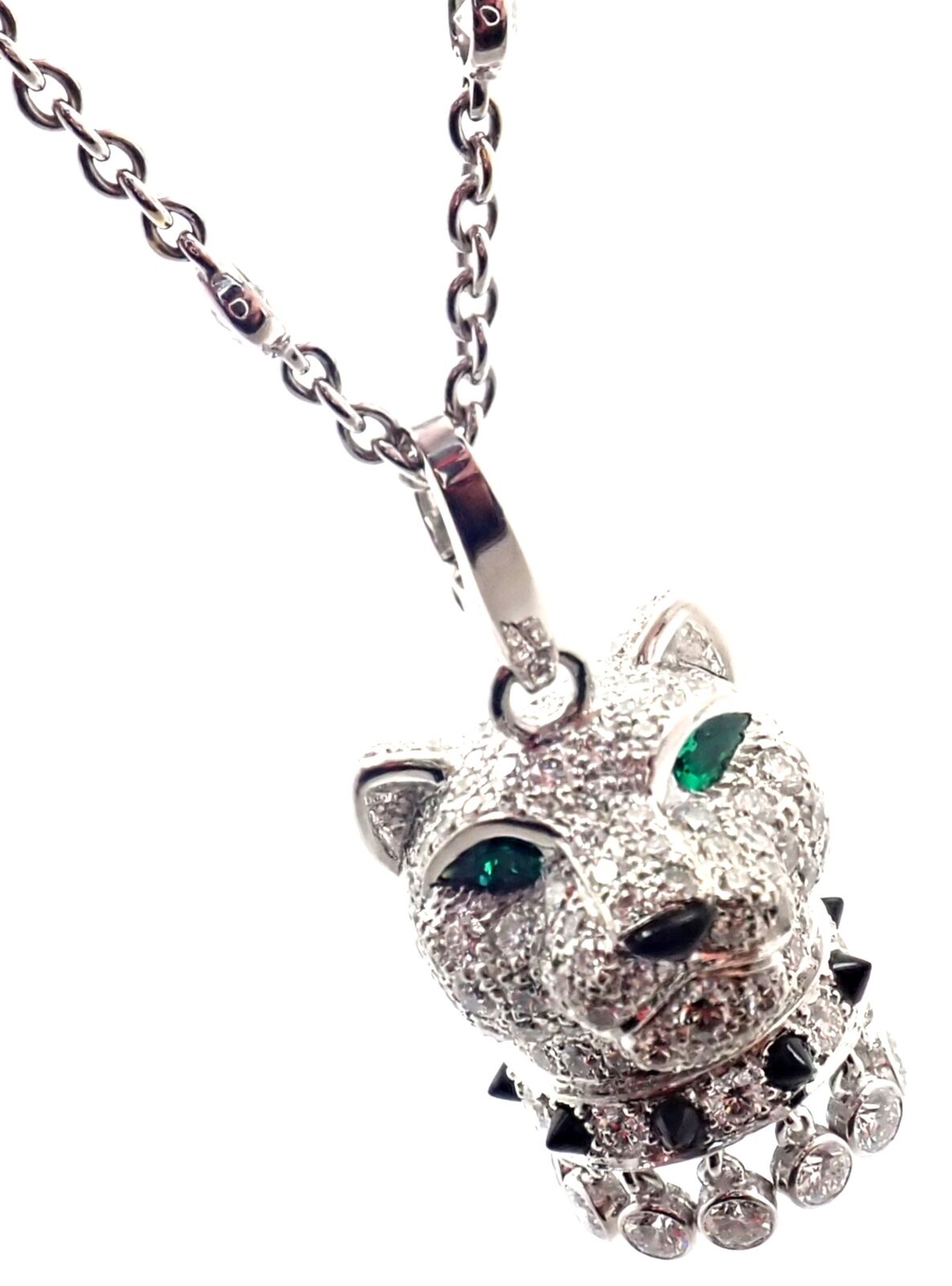 Authentic! Cartier Panther 18k White Gold Diamond Emerald Onyx Pendant Necklace | Fortrove