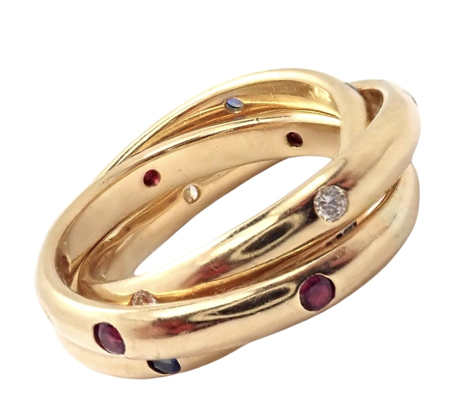 Authentic! Cartier 18k Yellow Gold Ruby Sapphire Diamond Trinity Band Ring 1995 | Fortrove
