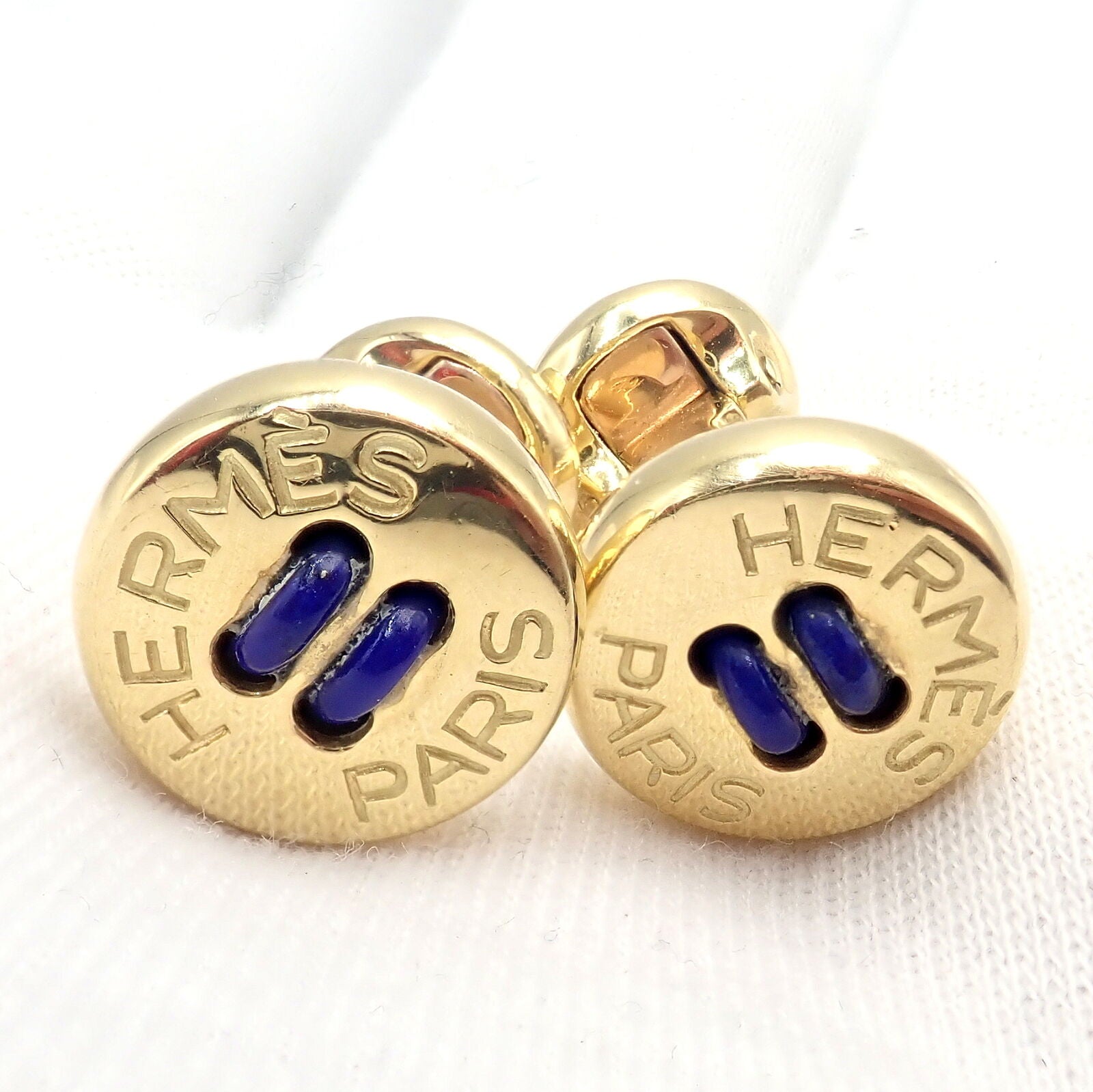 Rare! Vintage Authentic Hermes Paris 18k Yellow Gold Mens Lapis Button Cufflinks | Fortrove
