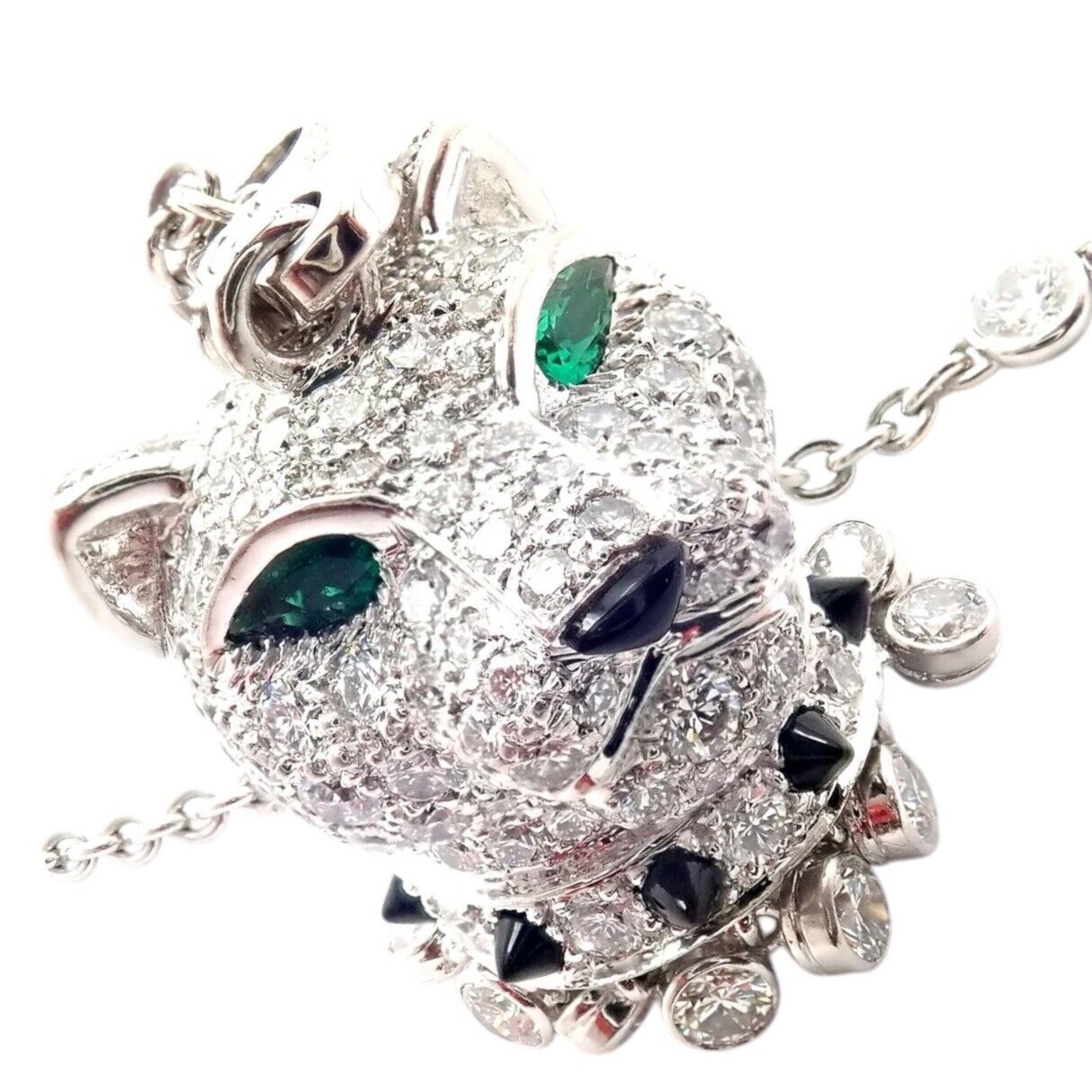 Authentic! Cartier Panther 18k White Gold Diamond Emerald Onyx Pendant Necklace | Fortrove