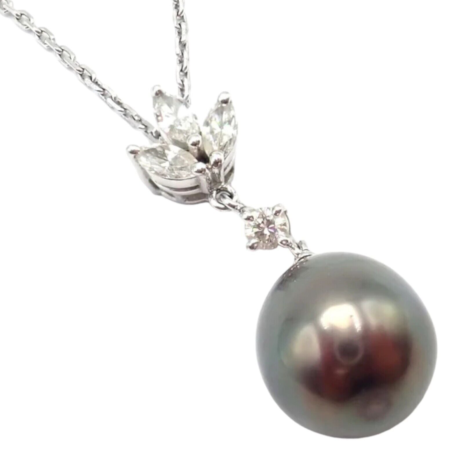 Authentic! Mikimoto 18k White Gold Tahitian Pearl Diamond Pendant Necklace | Fortrove