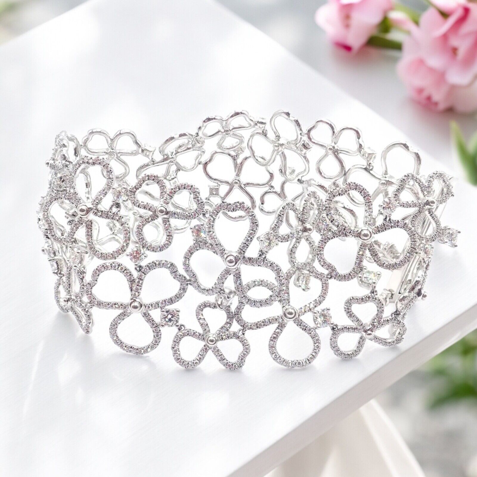 Authentic! Tiffany & Co Paper Flowers Platinum Diamond Wide Bracelet | Fortrove