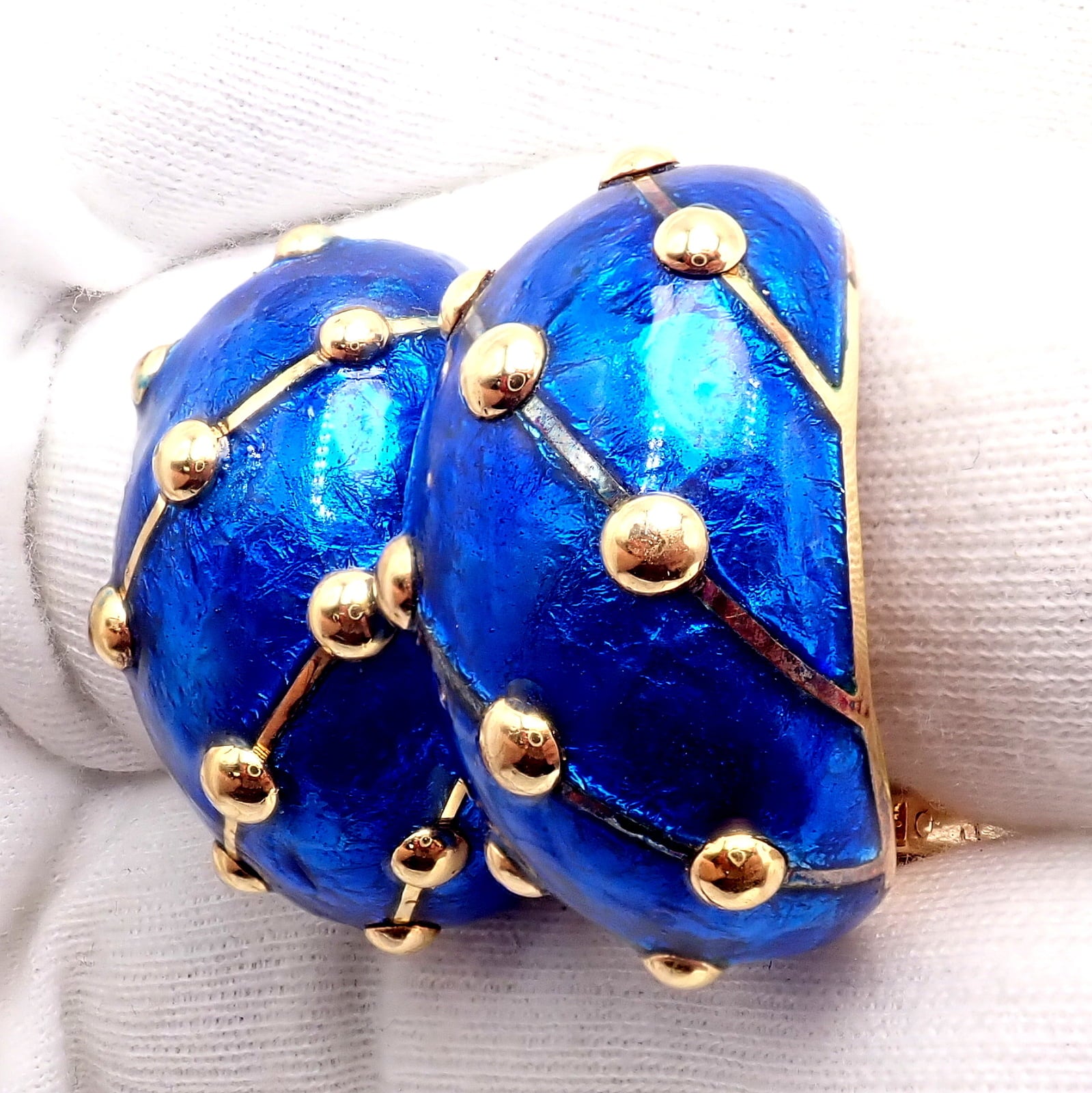 Tiffany & Co. Jewelry & Watches:Fine Jewelry:Earrings Rare Tiffany & Co Schlumberger 18k Yellow Gold Large Blue Enamel Banana Earrings