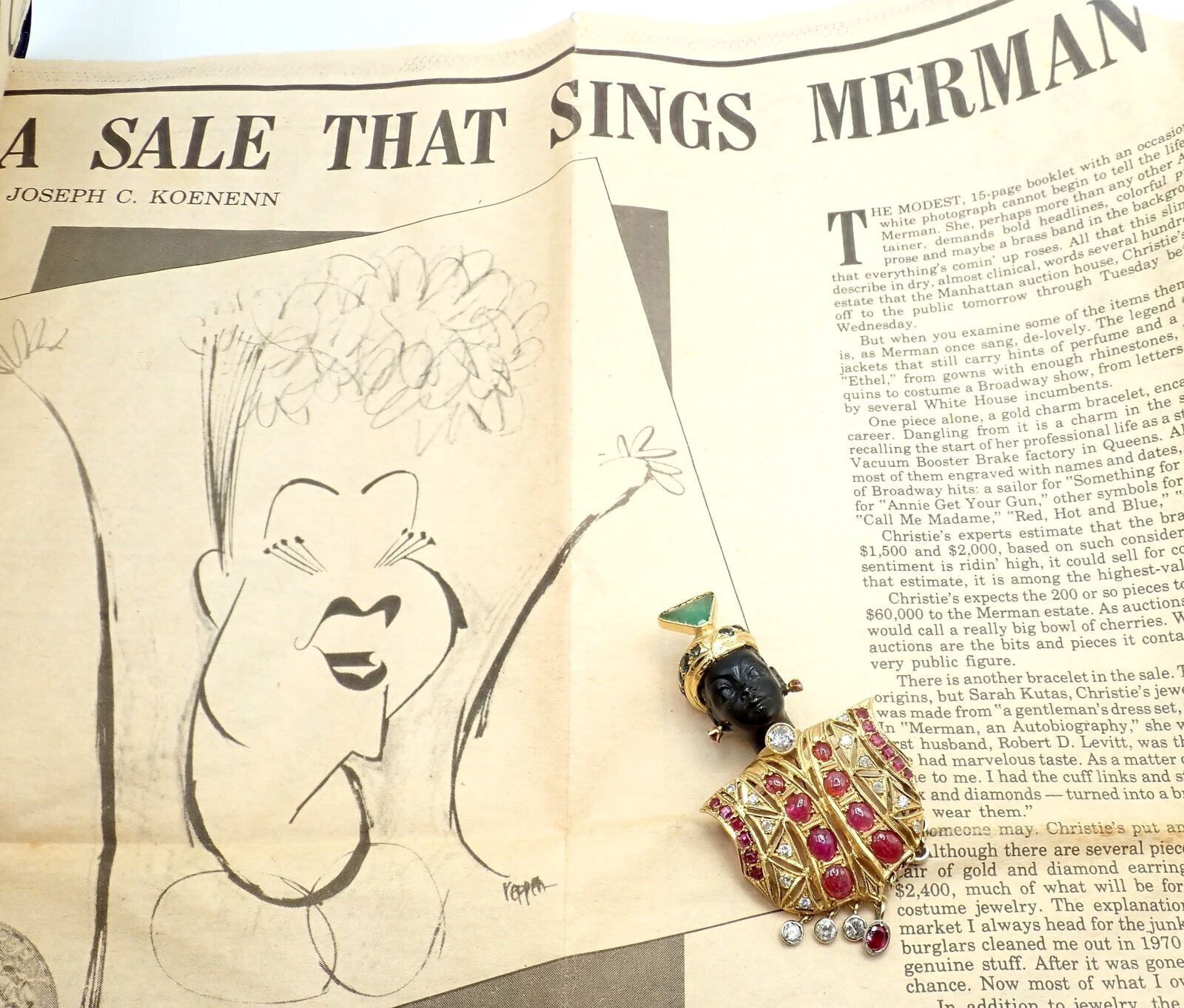 Rare! Ethel Merman Estate 18k Yellow Gold Large Blackamoor Diamond Ruby Brooch | Fortrove