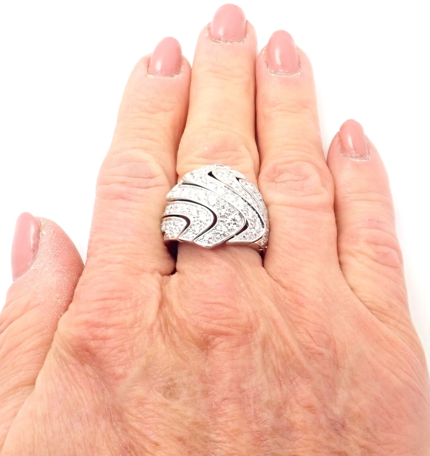 Rare! Authentic Cartier 18k White Gold Diamond Waves Large Ring | Fortrove