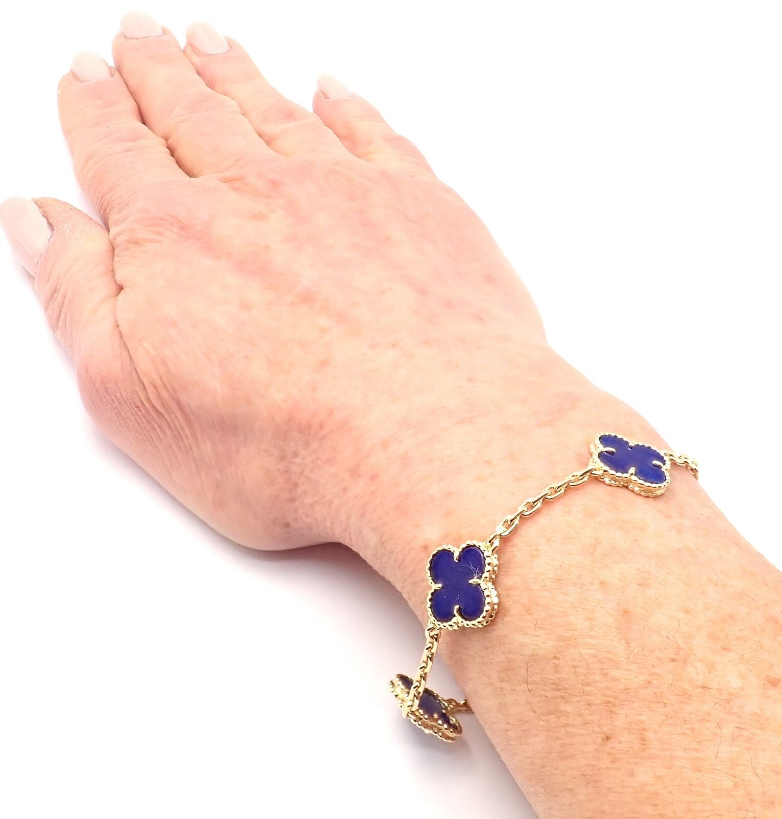 Authentic! Van Cleef & Arpels 18k Gold 5 Motif Alhambra Lapis Bracelet Paper | Fortrove