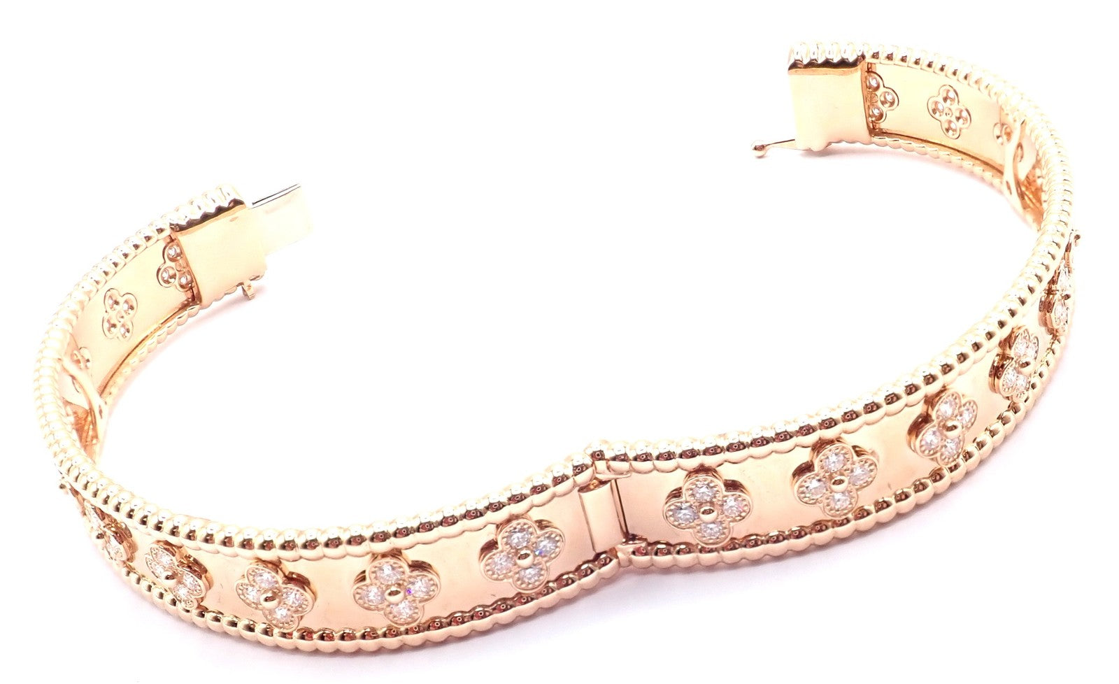 Authentic! Van Cleef & Arpels 18k Rose Gold Diamond Clovers Bangle Bracelet | Fortrove