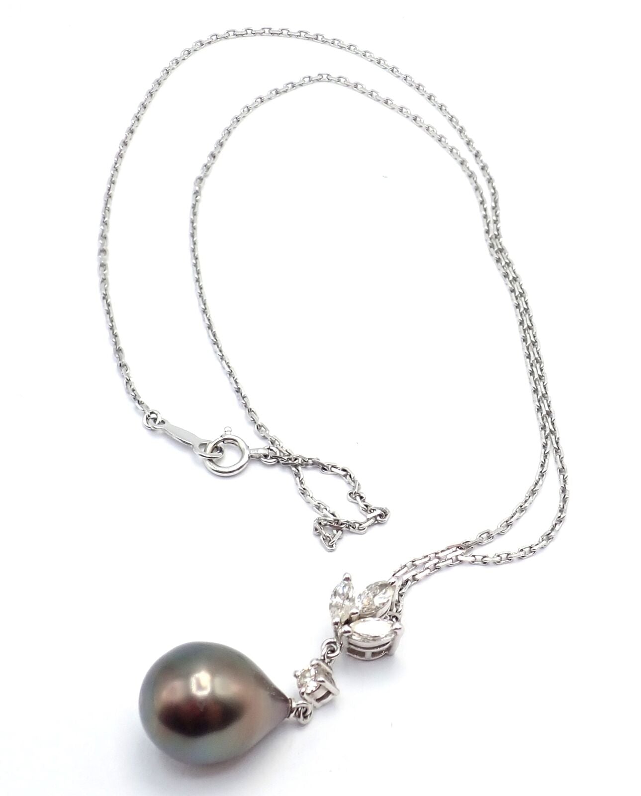 Authentic! Mikimoto 18k White Gold Tahitian Pearl Diamond Pendant Necklace | Fortrove