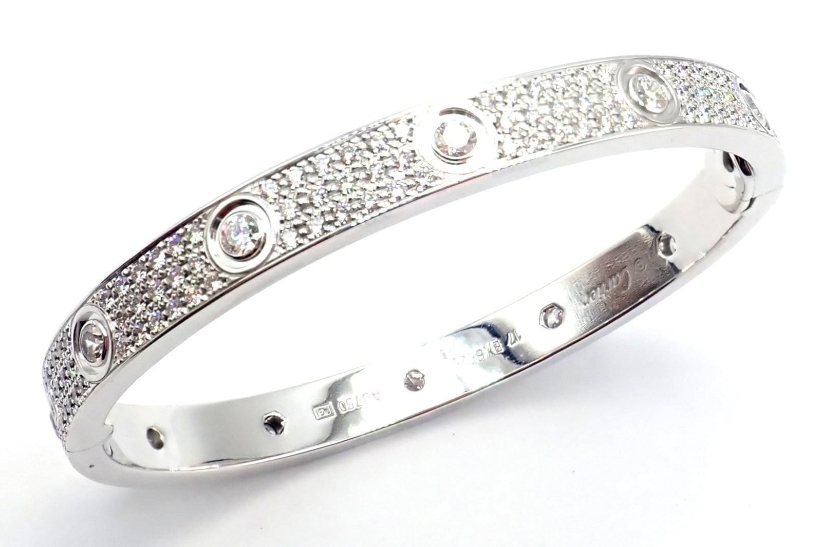 Authentic! Cartier Love 18k White Gold Diamond Pave Bangle Bracelet Sz 17 Paper | Fortrove