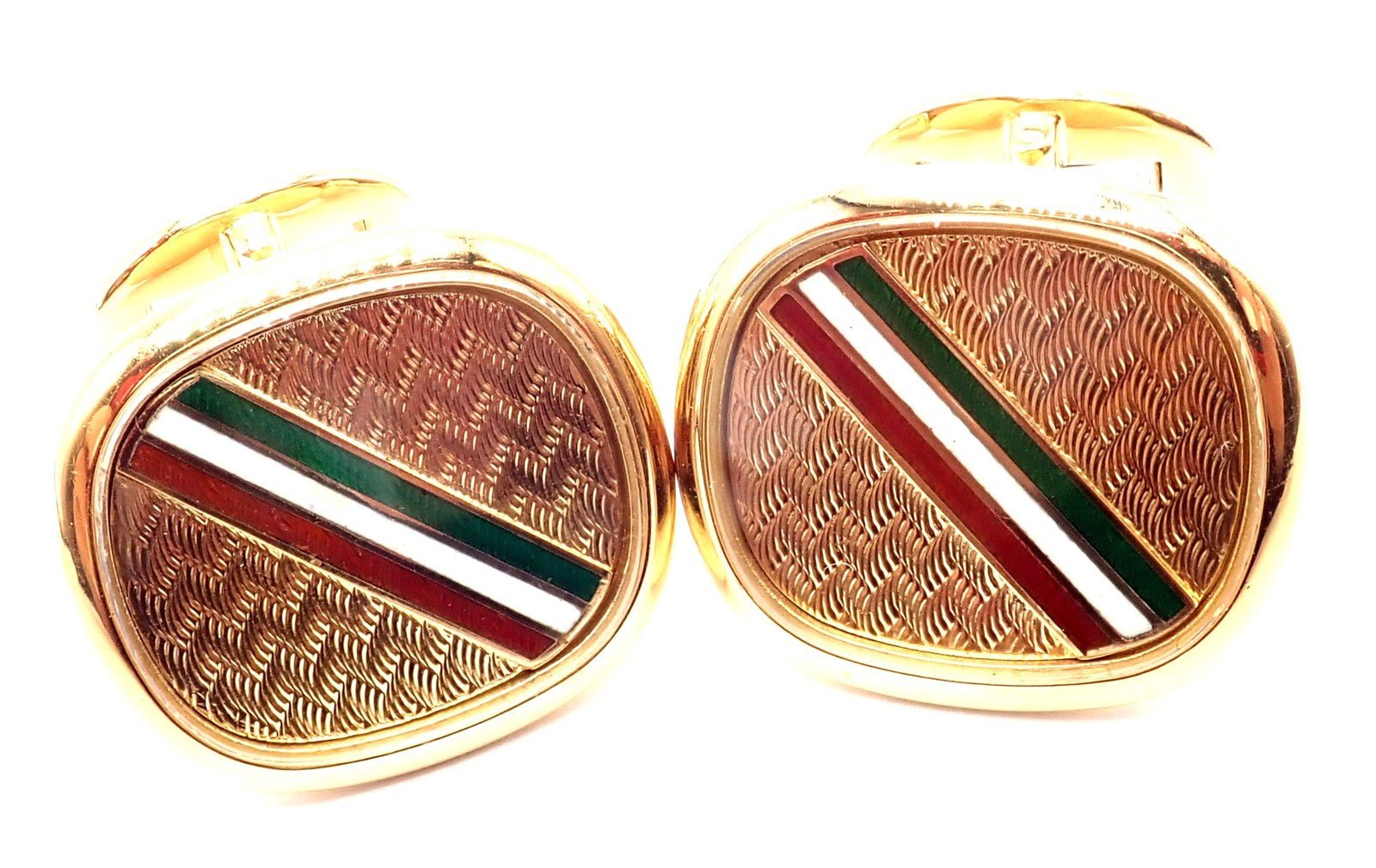 Rare! Patek Philippe 18k Yellow Gold Italian Flag Colors Enamel Large Cufflinks | Fortrove