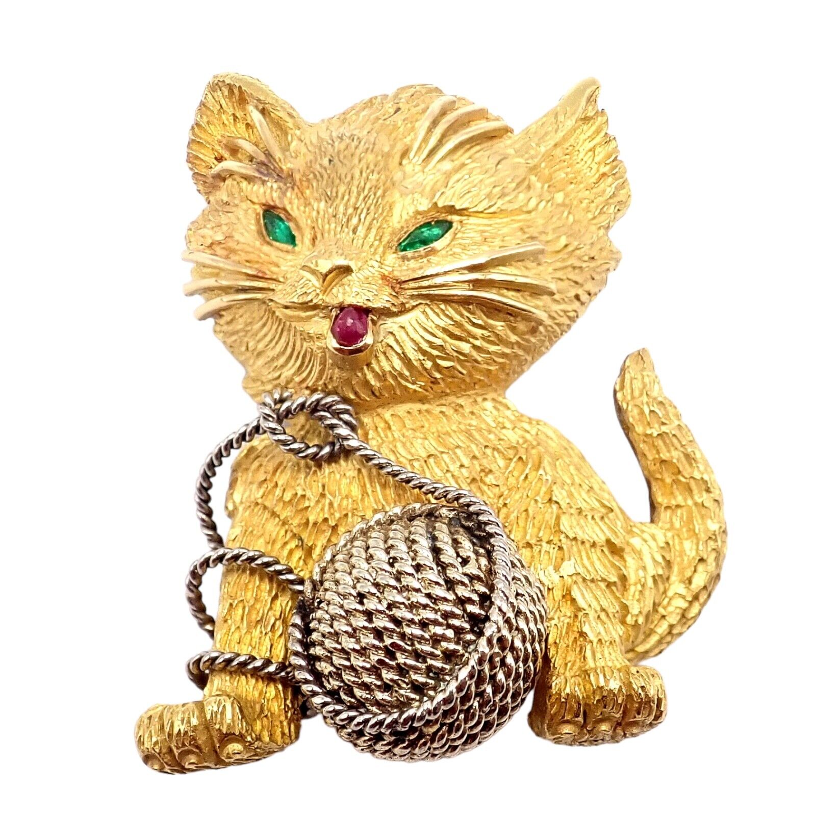 Vintage! Tiffany & Co. France 20k Yellow Gold Ruby Emerald Cat Yarn Pin Brooch | Fortrove