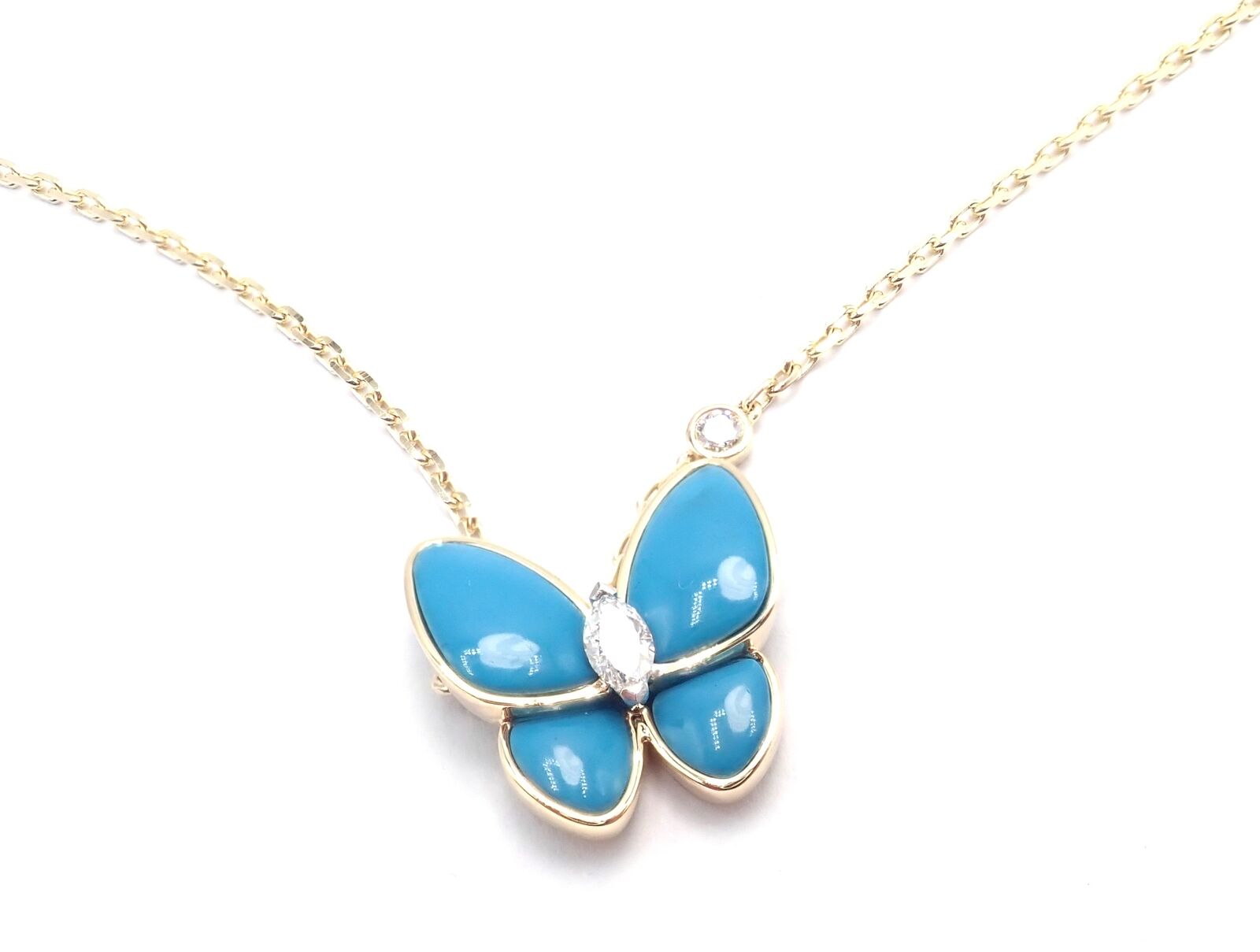 Van Cleef & Arpels 18k Gold Diamond Turquoise Butterfly Pendant Necklace Cert. | Fortrove