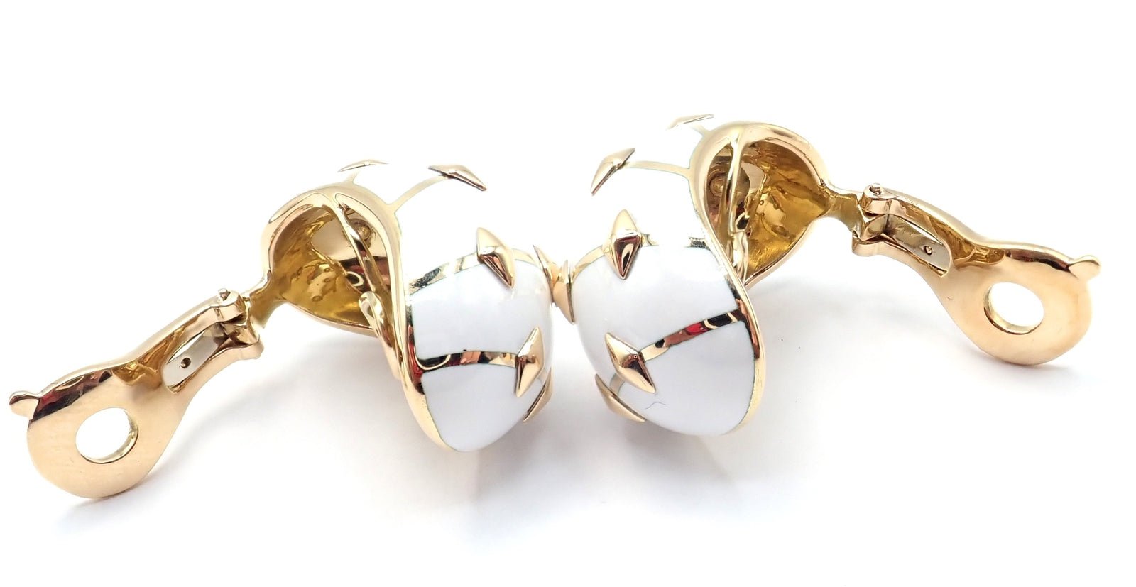 Tiffany & Co Schlumberger Dot Losange 18k Yellow Gold White Enamel Hoop Earrings | Fortrove