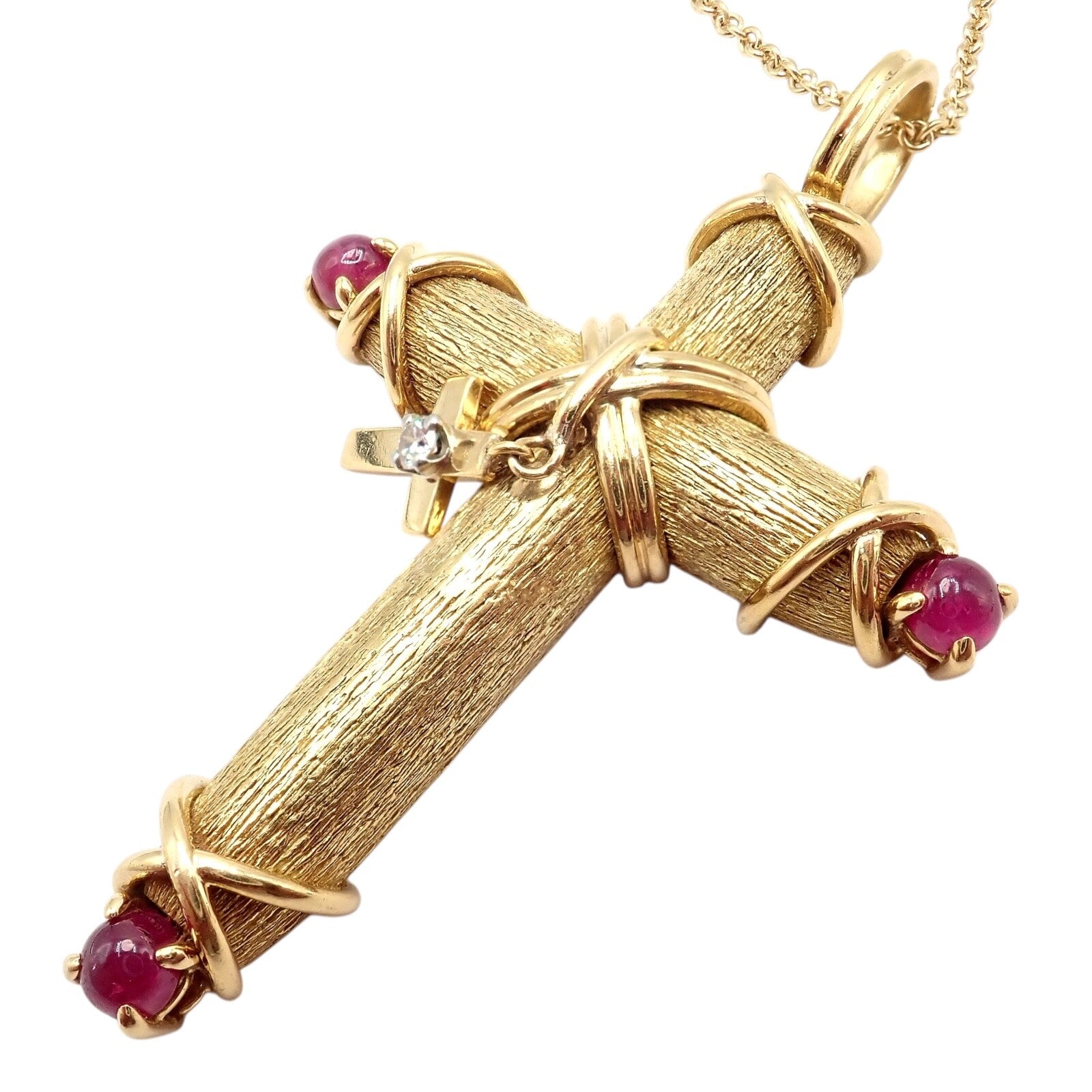 Tiffany & Co Schlumberger 18k Yellow Gold Ruby Diamond Cross 24" Chain Necklace | Fortrove