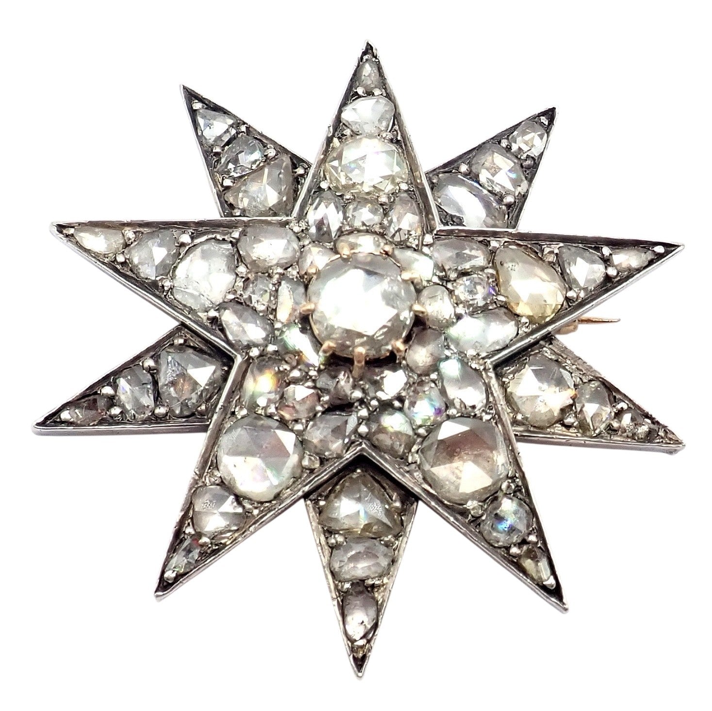 Estate Jewelry & Watches:Fine Jewelry:Brooches & Pins Antique 18k Gold + Silver Georgian Rose Cut Diamond Star Pin Brooch 1800's
